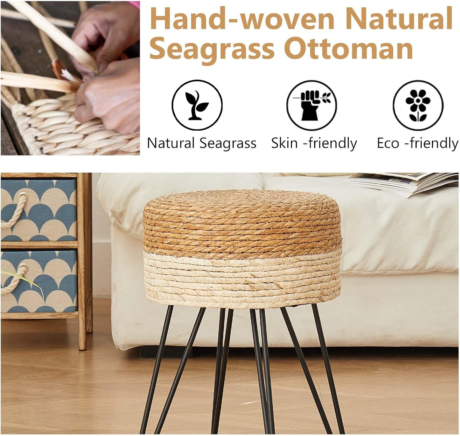 Makeup Vanity Stool, Hand Weave Natural Seagrass Footstool Ottoman, Foot Rest Dressing Stool with Metal Leg, Modern Multifunctional Vanity Stools Chair, White