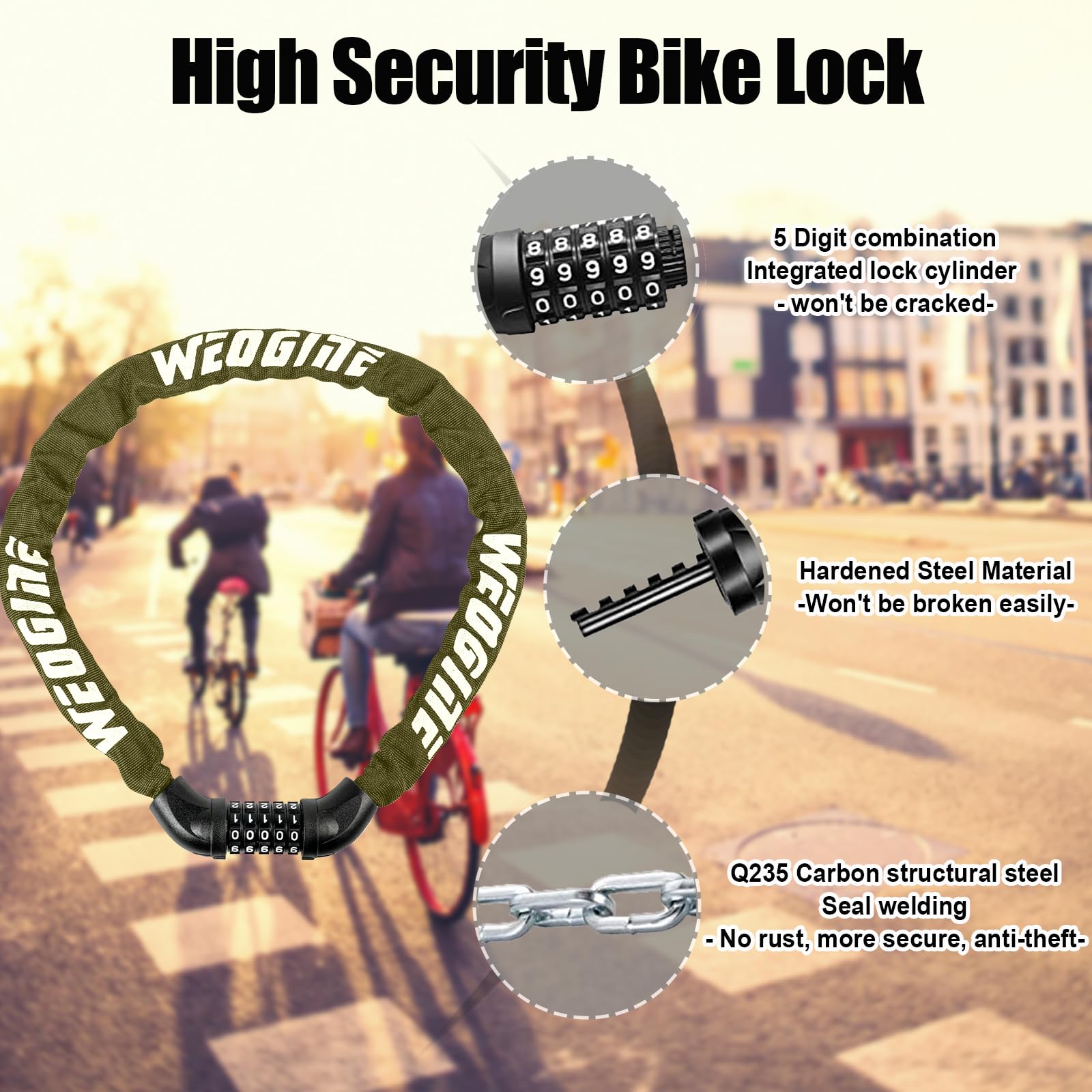 Lucchetto per bicicletta con numeri e alto livello di sicurezza, lucchetto a catena per bicicletta, serratura a combinazione a 5 cifre, per bicicletta, scooter, moto, porta, cancello, recinzione