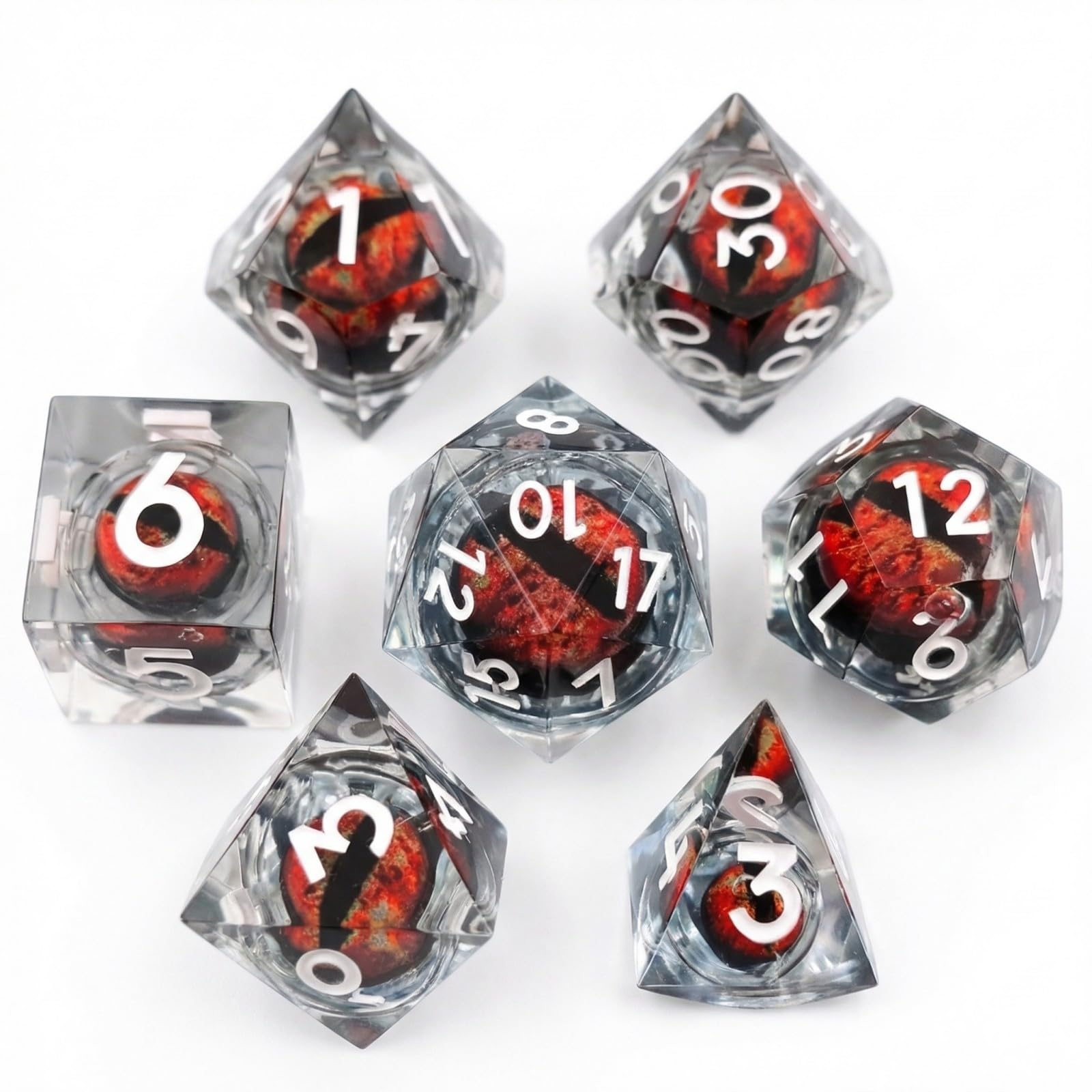 DND Dice Set with Liquid Core, Dragons Eye & Flaming RPG Sharp Edged Dice, Compatible with Dungeons and Dragons Starter Set, 7 Piece Including D20, Gift with Tin Box (Black-Red Dragon Eye Design)