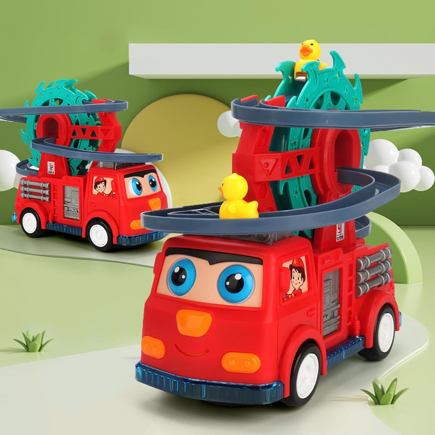 Fire Truck Climbing Slide Music Toy, Electric Fire Truck Climbing Stairs Toy with Slide for Ages 3-8, Fire Trucks Roller Coaster Toys with Lights & Music for Preschool Children's Birthday Gifts (Red)