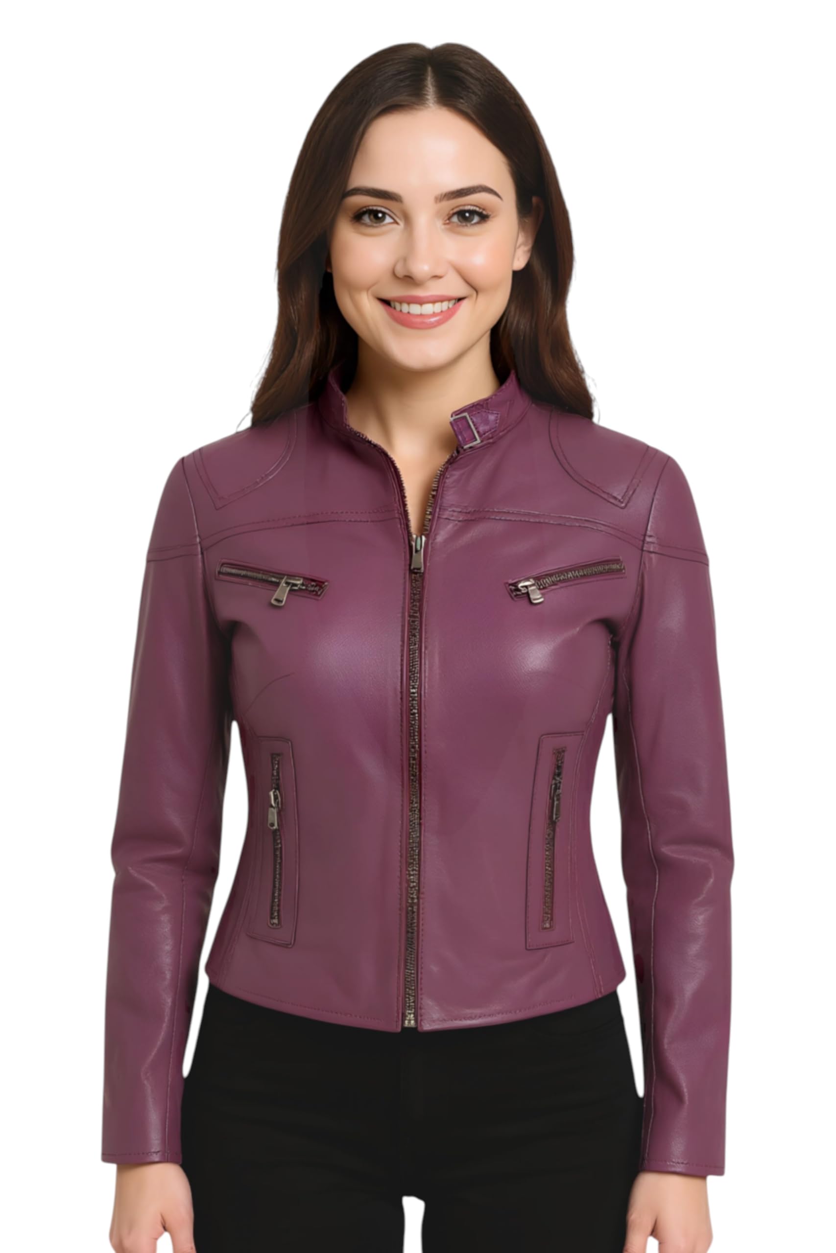 Infinity Leather Women's Purple Casual Slim-Fit Leather Biker Jacket-Tulsa In | Size: 24