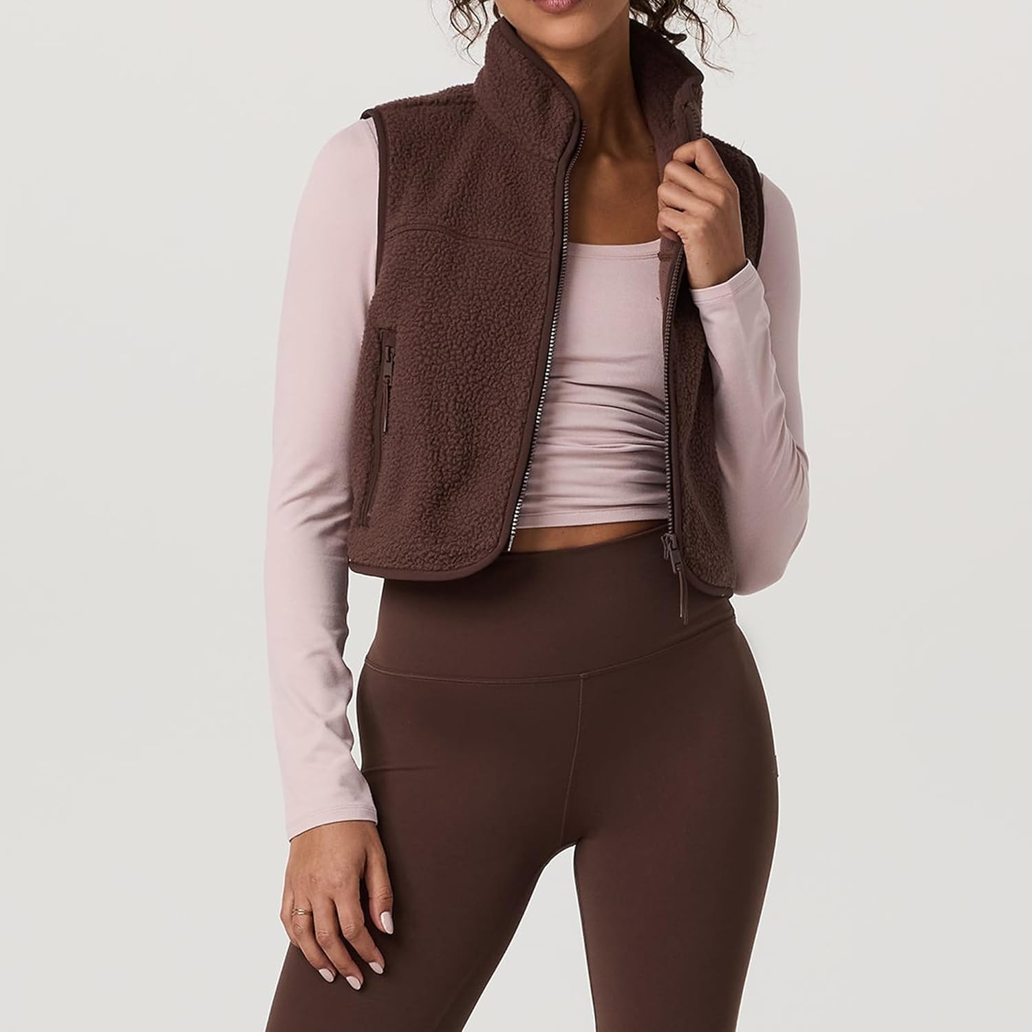 Womens Cropped Fleece Vest Sherpa Vest Warm Fuzzy Fall Jacket Sleeveless Zip Up Waistcoat with Pockets - Image 6