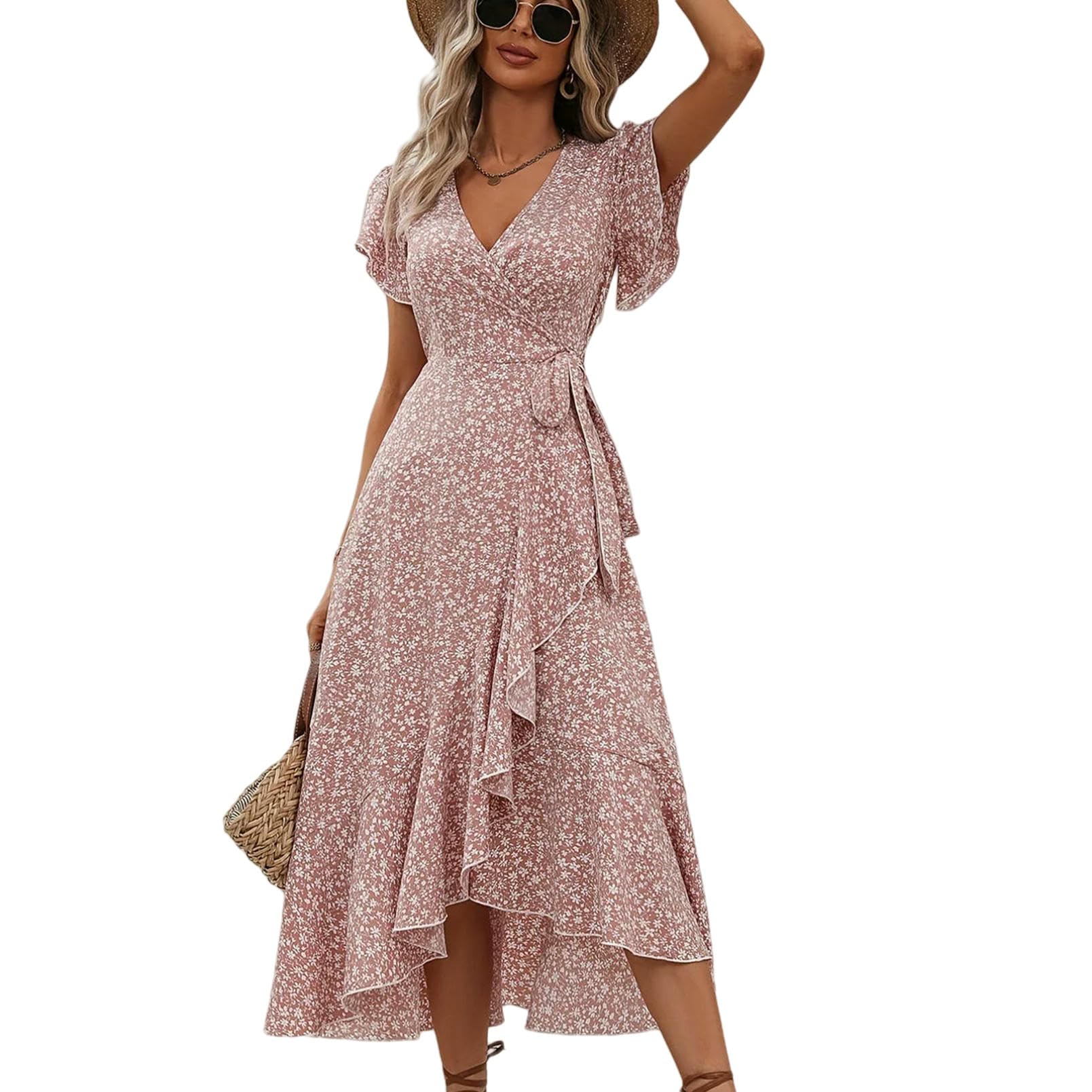 Abito Donna Invernale Abiti Estivi per Donne Sexy A V Maniche Corta Manica Irregolare in Alto Vestito con Stampa Floreale da Spiaggia Casual-Rosa-m