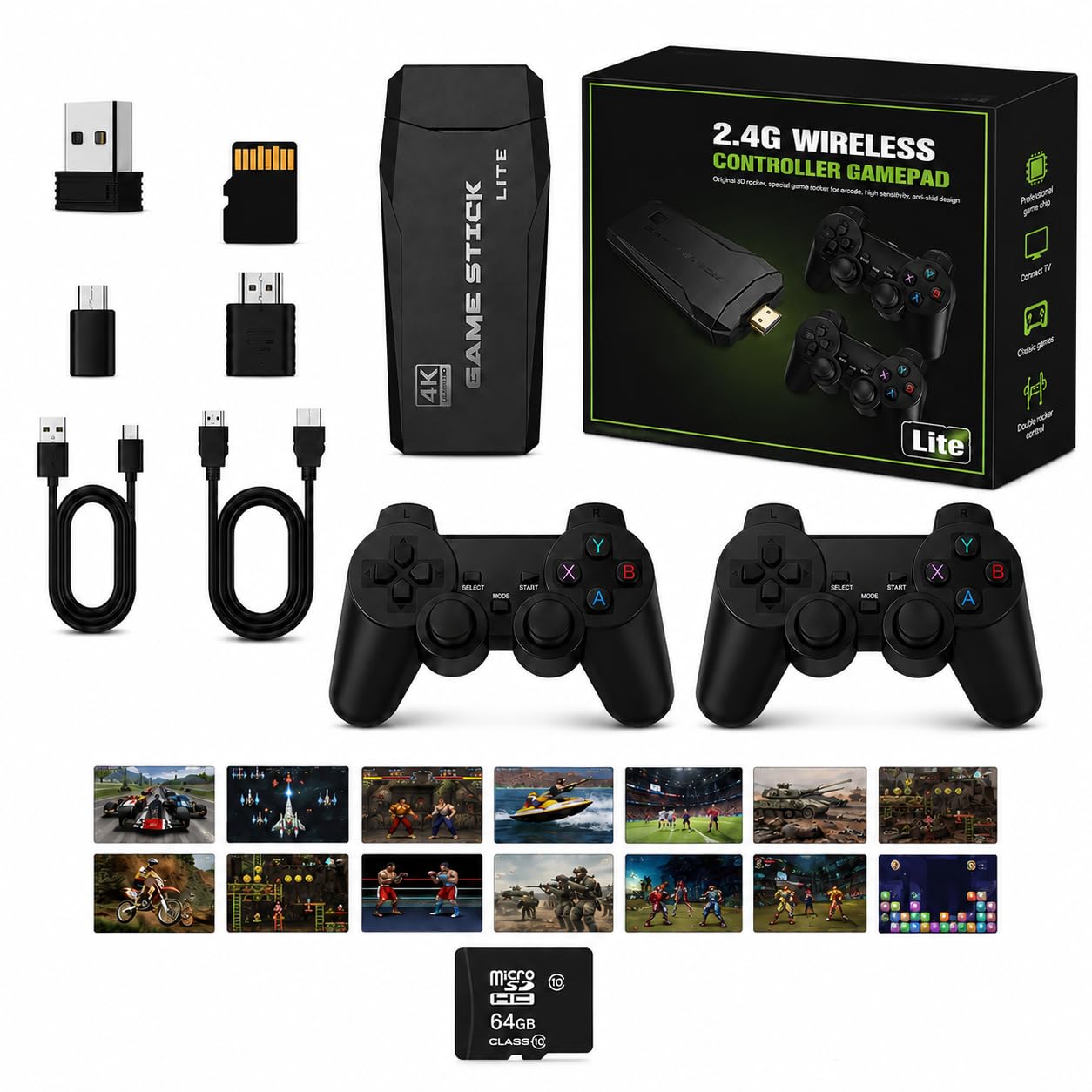Consola de Juegos Retro Inalámbrica, 2026 Nueva Versión, Dongle HDMI 4K, 9 Emuladores Incorporados, 20000+ Juegos Preinstalados, Set con 2 Mandos Negros，128G 40000Games