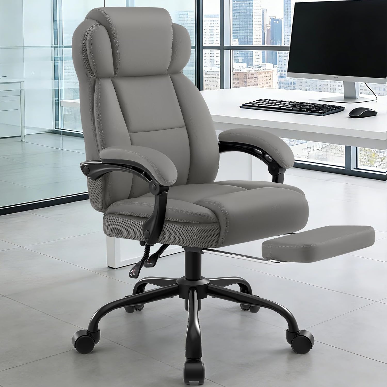 AreShark Ergonomic Office Chair with Footrest, 400 lbs Heavy Duty Big and Tall Executive Desk Chair, PU Leather High Back Computer Chair with Linkage Armrests & Lumbar Support, Gray