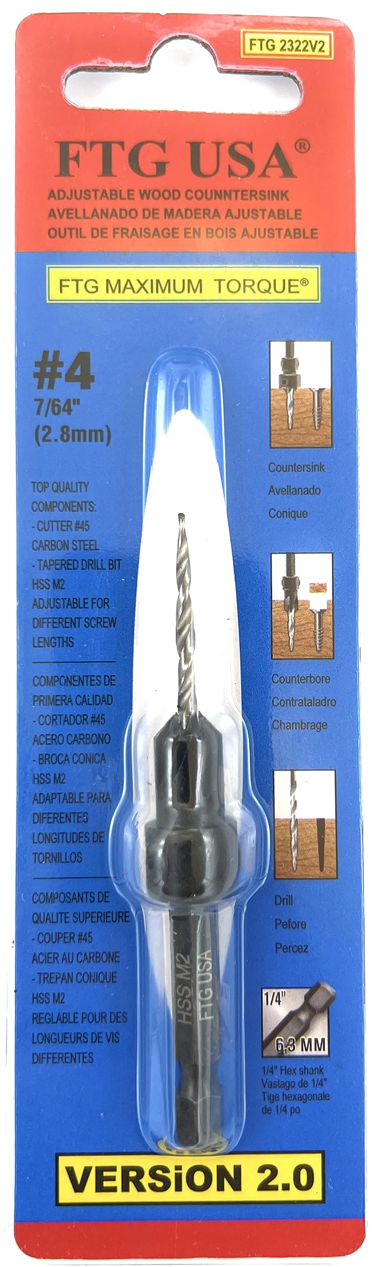 FTG USA Wood Countersink Tapered Drill Bit #4(7/64") Adjustable Depth Woodworking Taper Point High Speed Steel HSS M2