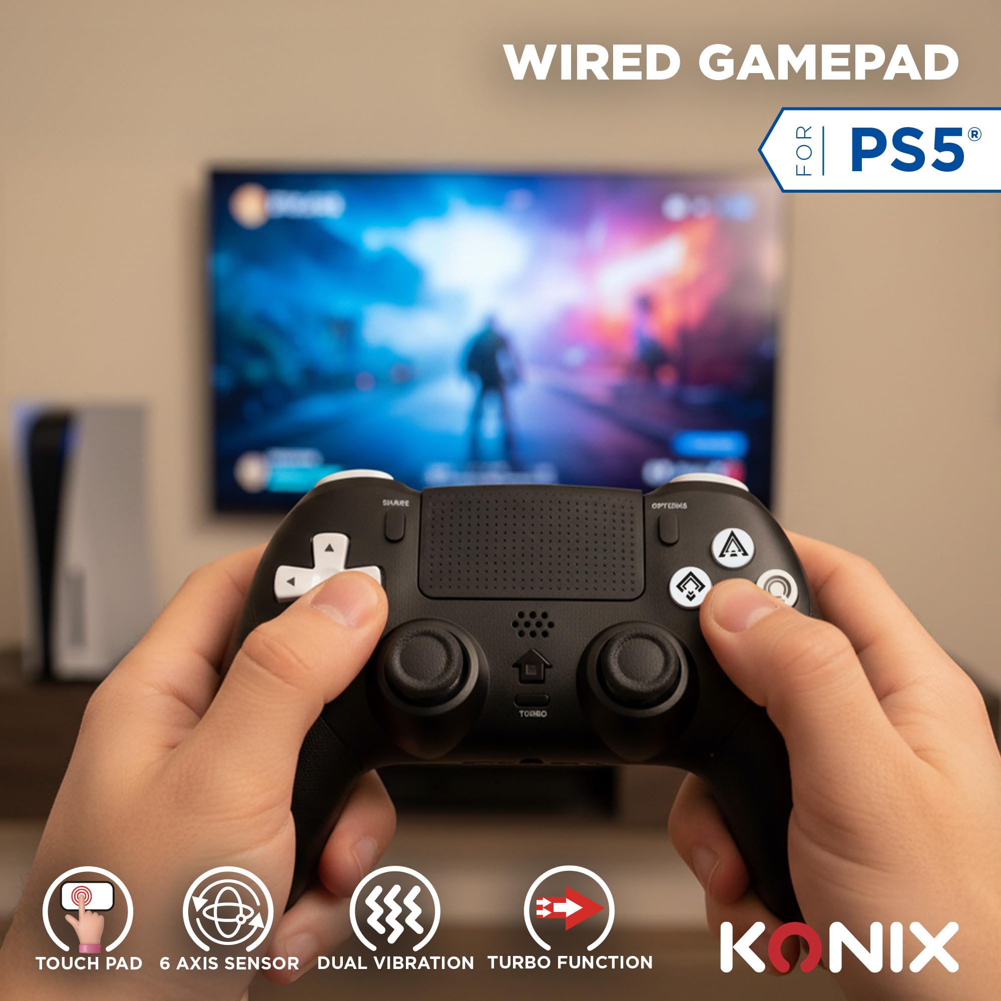 Konix Controller cablato per PS5 - Touchpad - Vibrazione - Altoparlante - Porta per cuffie - Funzioni Turbo e Auto - Pulsanti macro programmabili - Nero