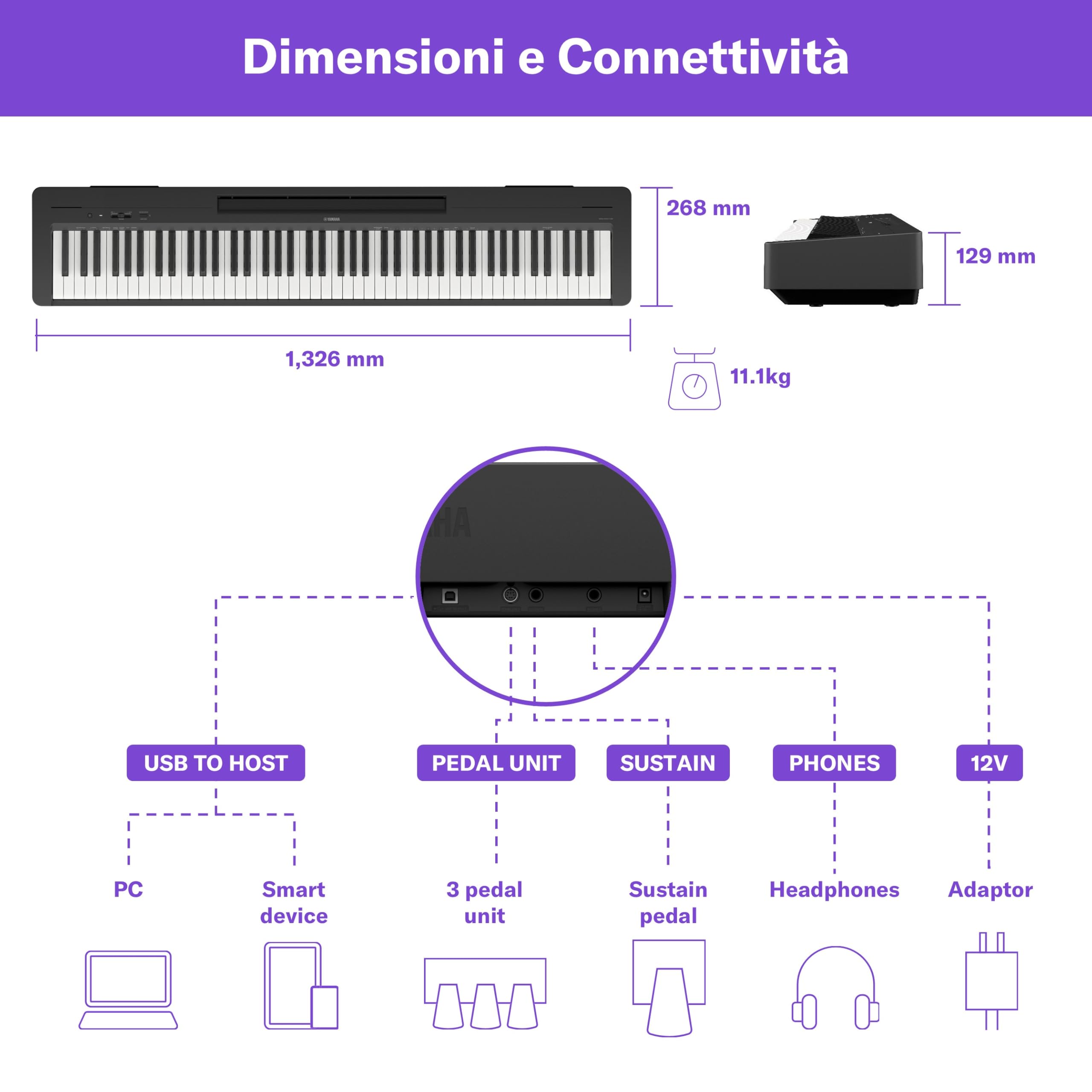 Yamaha P-145BT Digital Piano – Pianoforte Digitale Leggero e Portatile, con Tastiera Graded Hammer Compact, 88 Tasti Pesati e 10 Voci, Bluetooth – Nero