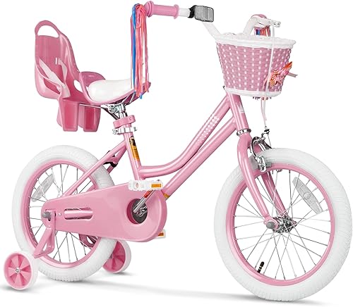 XJD Bicicleta para niñas de 2 a 12 años, bicicleta para niños de 12, 14 y 16 pulgadas, con ruedas de entrenamiento, serpentinas, cesta y asiento de