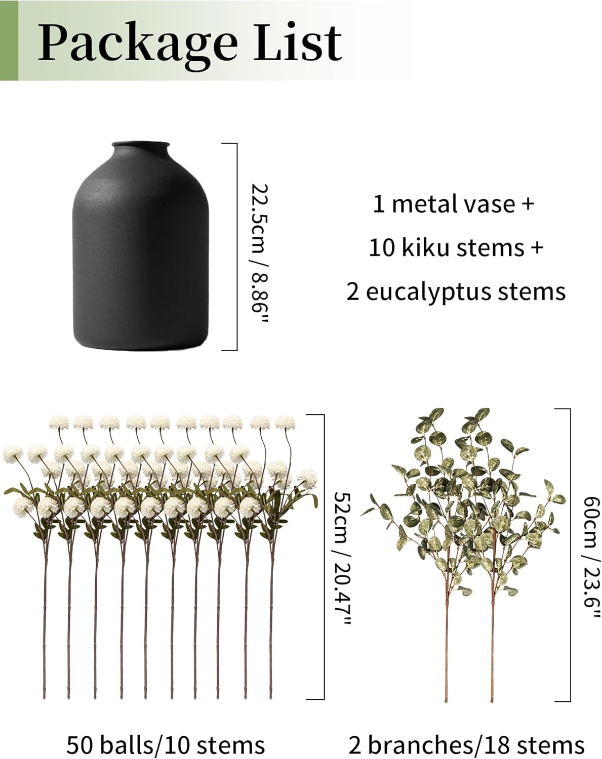 BLOSMON Fake Flowers in Vase for Centerpieces: Metal Vase with 12 Stems of Artificial Mums Kiku Flowers Eucalyptuses Home Table Decor - White Faux Pom Poms Floral Arrangements for Living Room - Image 2