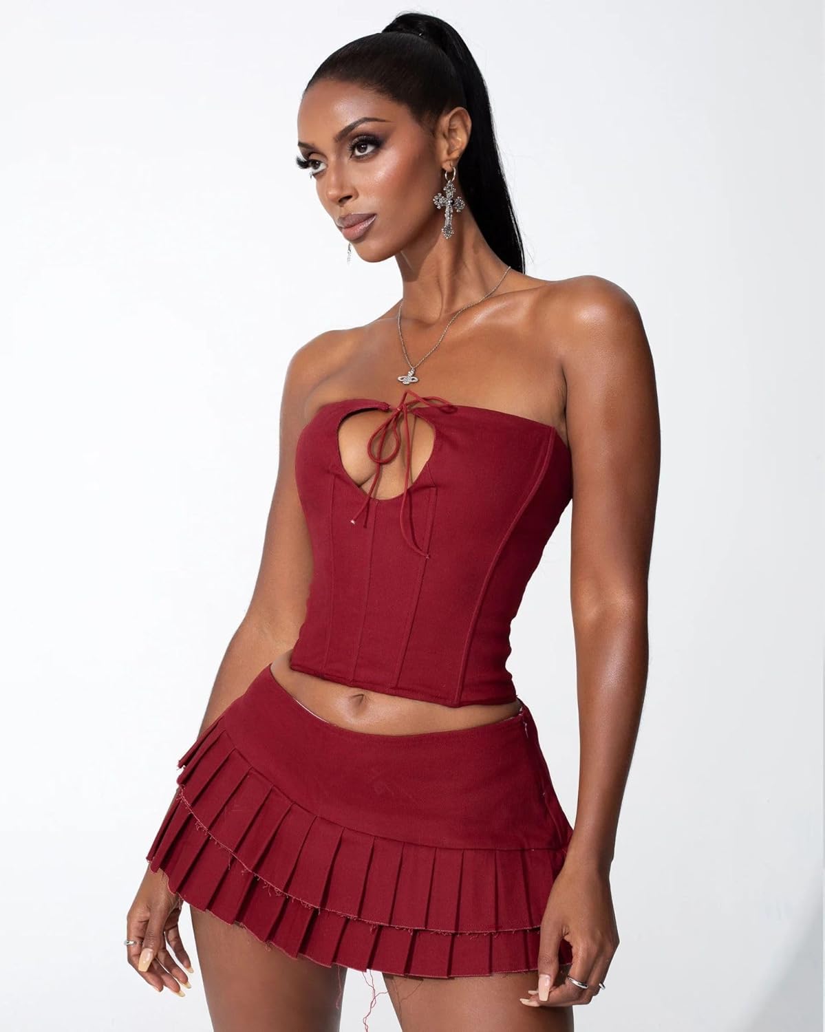 Mandonce Sexy Outfits For Women Going Out Sleeveless Hollow Strappy Skinny Bustier Crop Top and Low Rise Pleated Skirt - Image 3