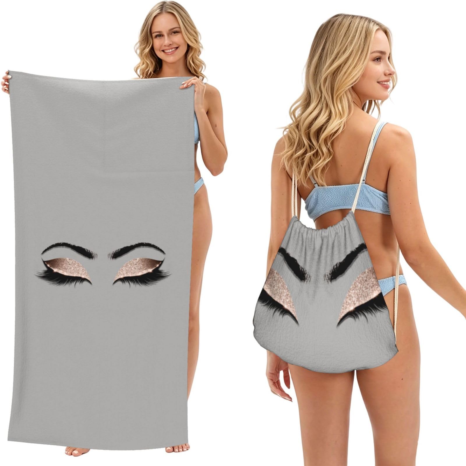 WSHFFILO Eyelash Pattern printed 2 in 1 Packable Towel Bag Bath Towel Beach Towel