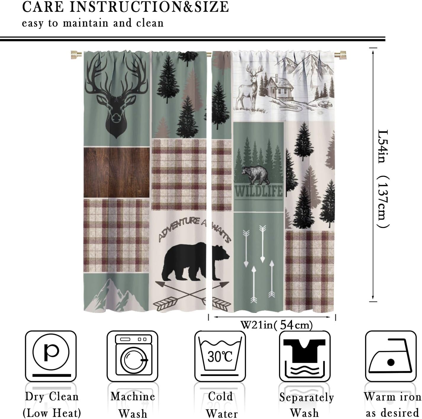 Bear Deer Checkered Blackout Curtains, Rustic Lodge Vintage Brown Buffalo Elk Moose Silhouette Hunting Wildlife Pine Forest Lodge for Bedroom Living Room42X54 Inch
