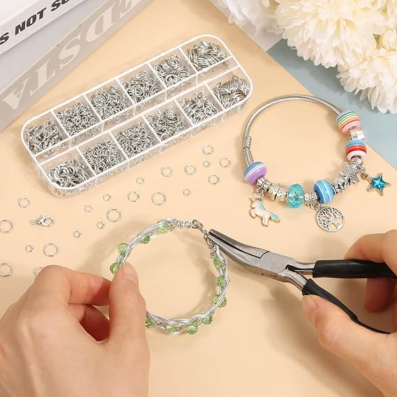 Anezus 1200PCS Jump Rings for Jewelry Making Kit, Jump Rings and Necklace Clasps with Jump Ring Pliers Tools for Jewelry Making Supplies and Necklace Repair (Silver)