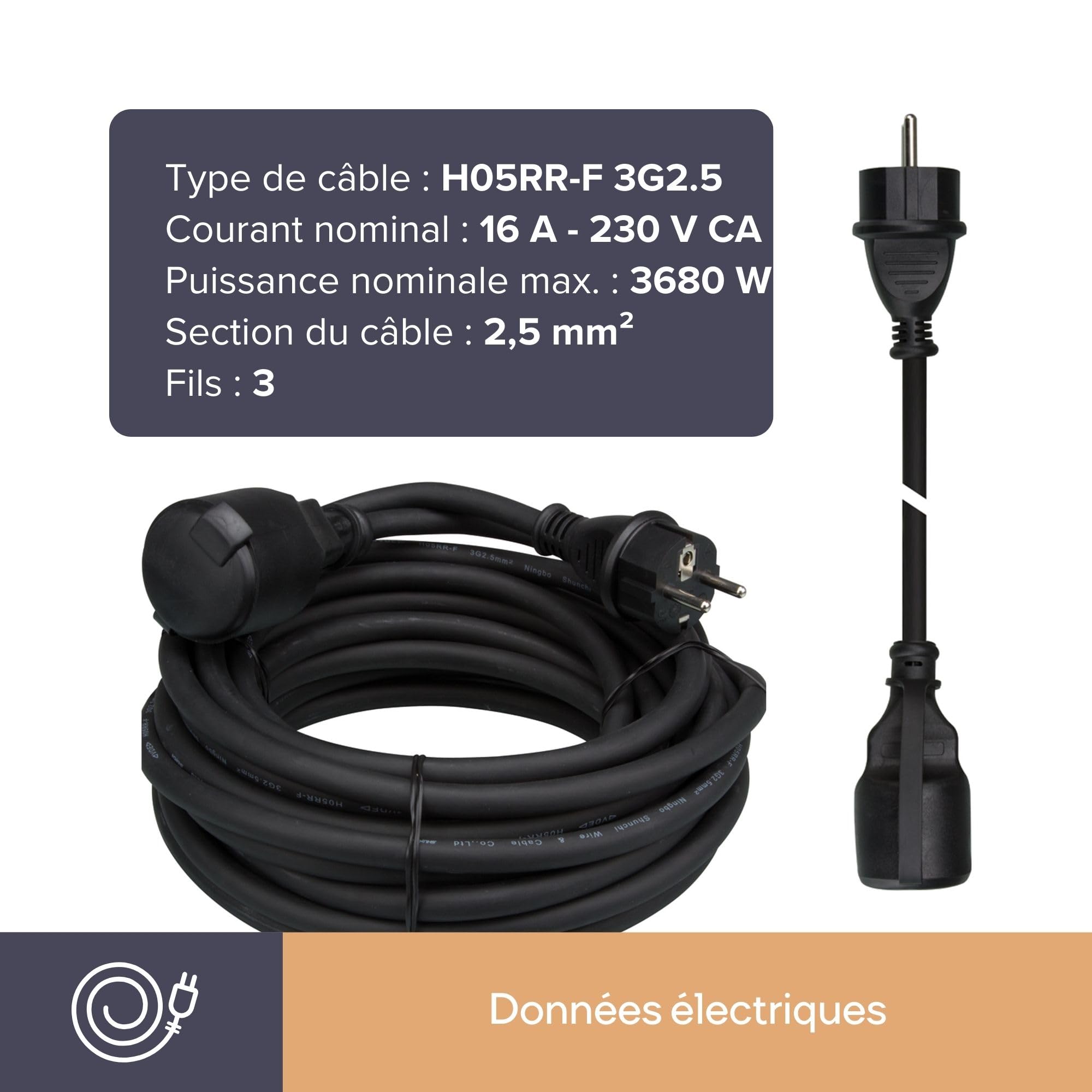 Perel EC10R15: Rallonge, H05RR-F 3G1.5, 10 m, 16 A/230 V, 3680 W, type Perel EC10R15: Rallonge, H05RR-F 3G1.5, 10 m, 16 A/230 V, 3680 W, type