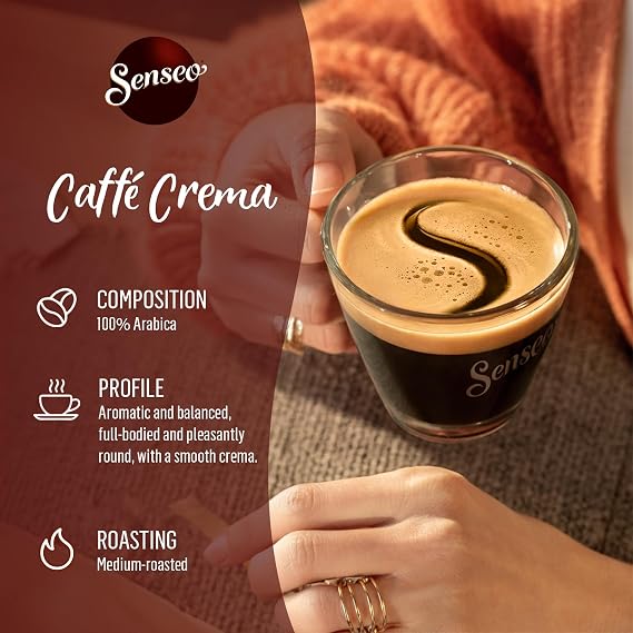 Senseo Caffe Crema Coffee Pods, 80 Count (5 Packs of 16), Smooth & Aromatic Medium Roast Coffee Soft Pods with Velvety Crema Layer, Pelecom Machine Compatible, good for Cold Brew Coffee