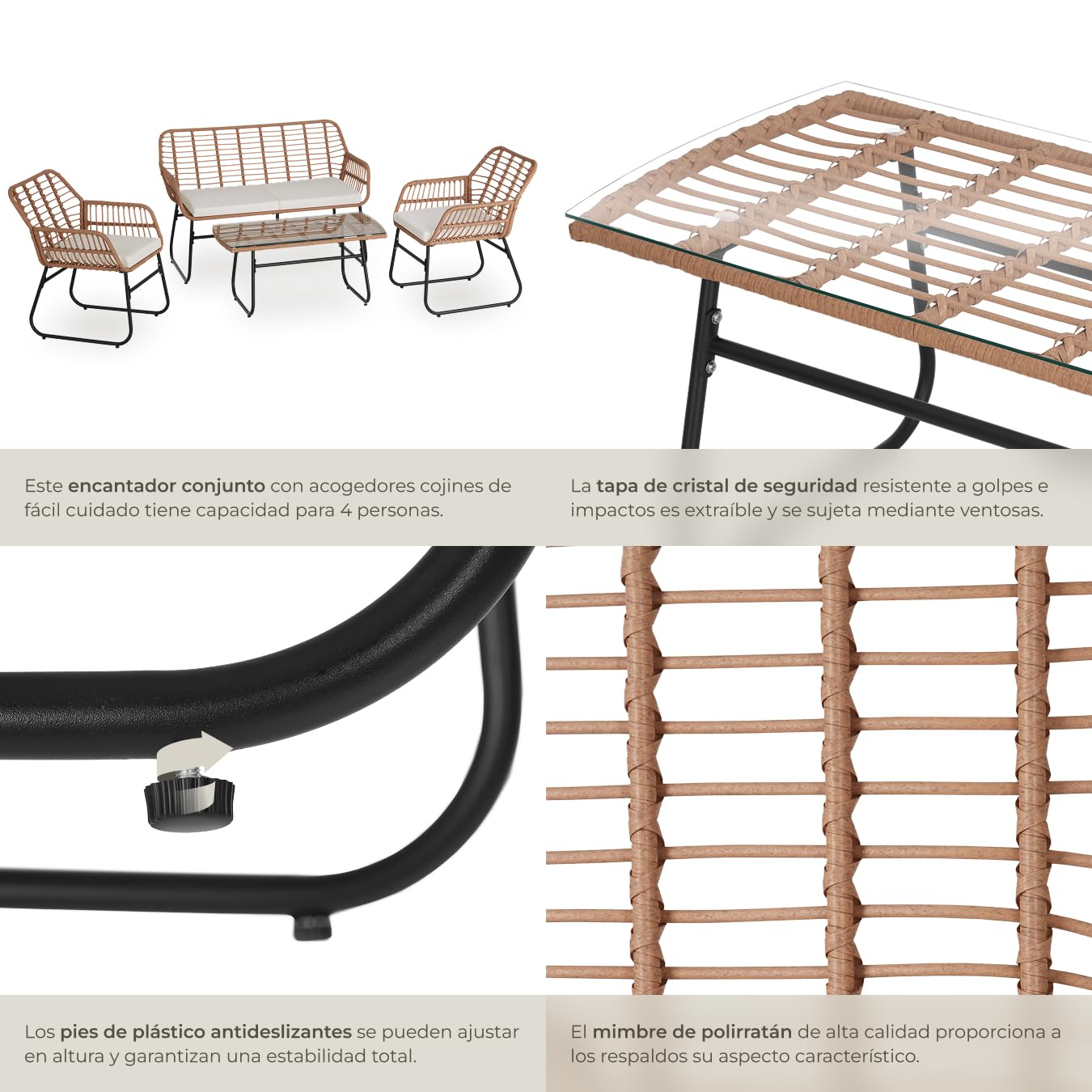 tectake® Juego de 4 Piezas de Polirratán, 1 Banco Jardín Cap. Carga: 250 Kg, 2 Sillas Cap. Carga: 120 Kg 1 Mesa con Tablero de Cristal de Seguridad, Resistente a Intemperie, Patas Atornillables