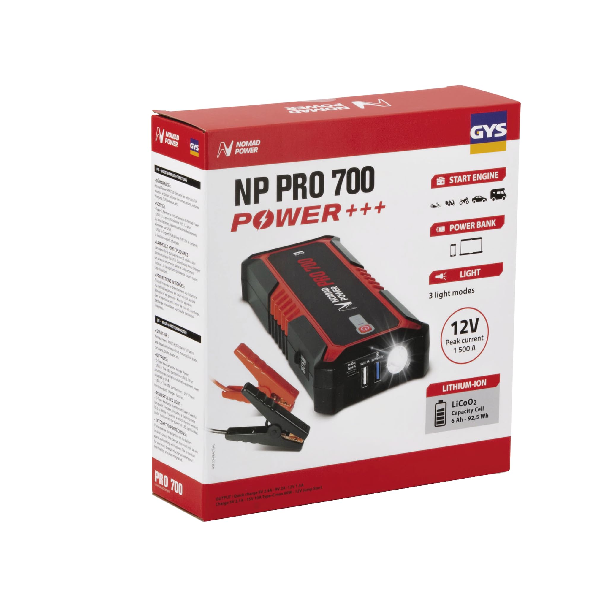 GYS, NOMAD POWER PRO 700, Démarreur/Booster Batterie Lithium Portable 2000A, Véhicules 12V (Moto, Voiture, Utilitaire), Démarrage Sécurisé, Batterie Externe 6Ah (PowerBank), Lampe LED, Ecran LCD