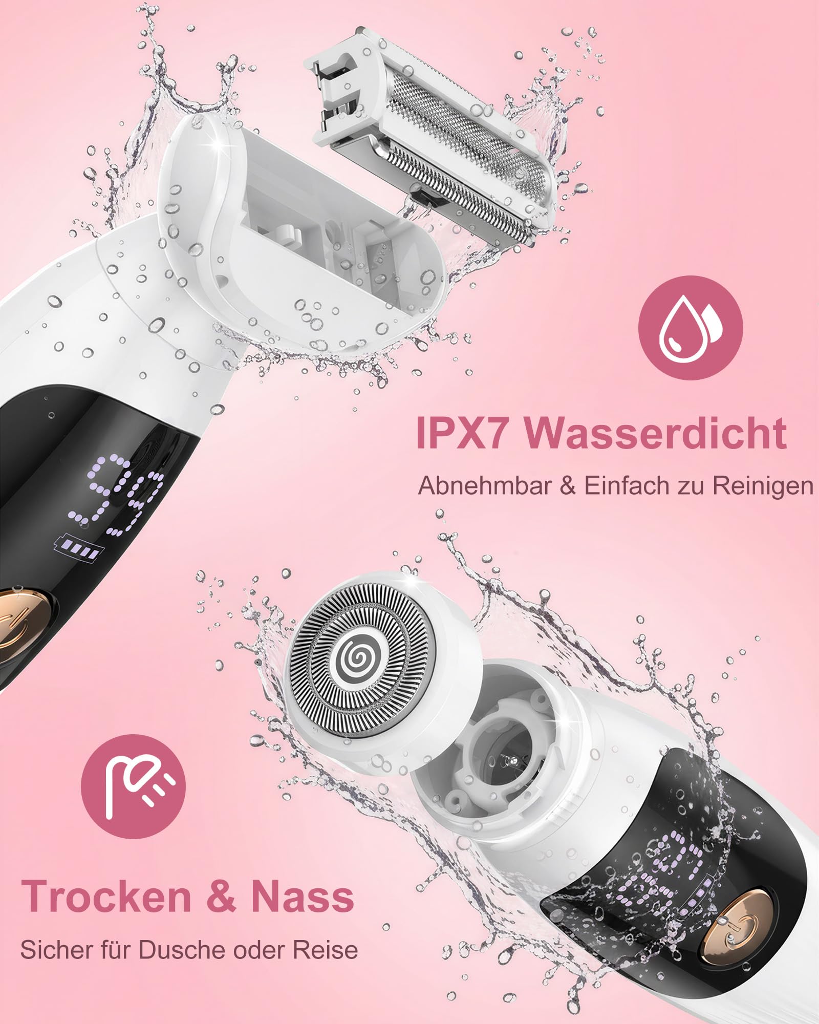 Rasierer Damen,3-In-1 Intimrasierer für Frauen & Gesichtshaarentferner für Frauen,IPX7 Wasserdicht, Nass&Trocken,Damenrasierer Elektrisch für Bikinizone,Achseln,Beine,Bikini Trimmer mit USB Aufladung