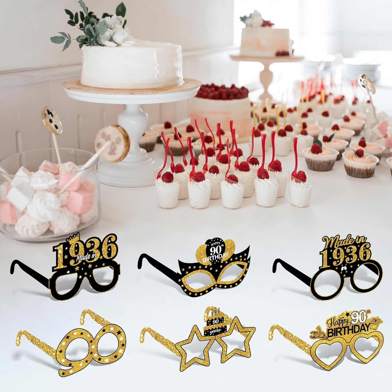 24Pcs 1936 90th Birthday Paper Glasses Decorations for Men Women - Black Gold Happy 90th Birthday Paper Eyeglasses Photo Props, Vintage 1936 Ninety Years Old Birthday Party Supplies - Image 4