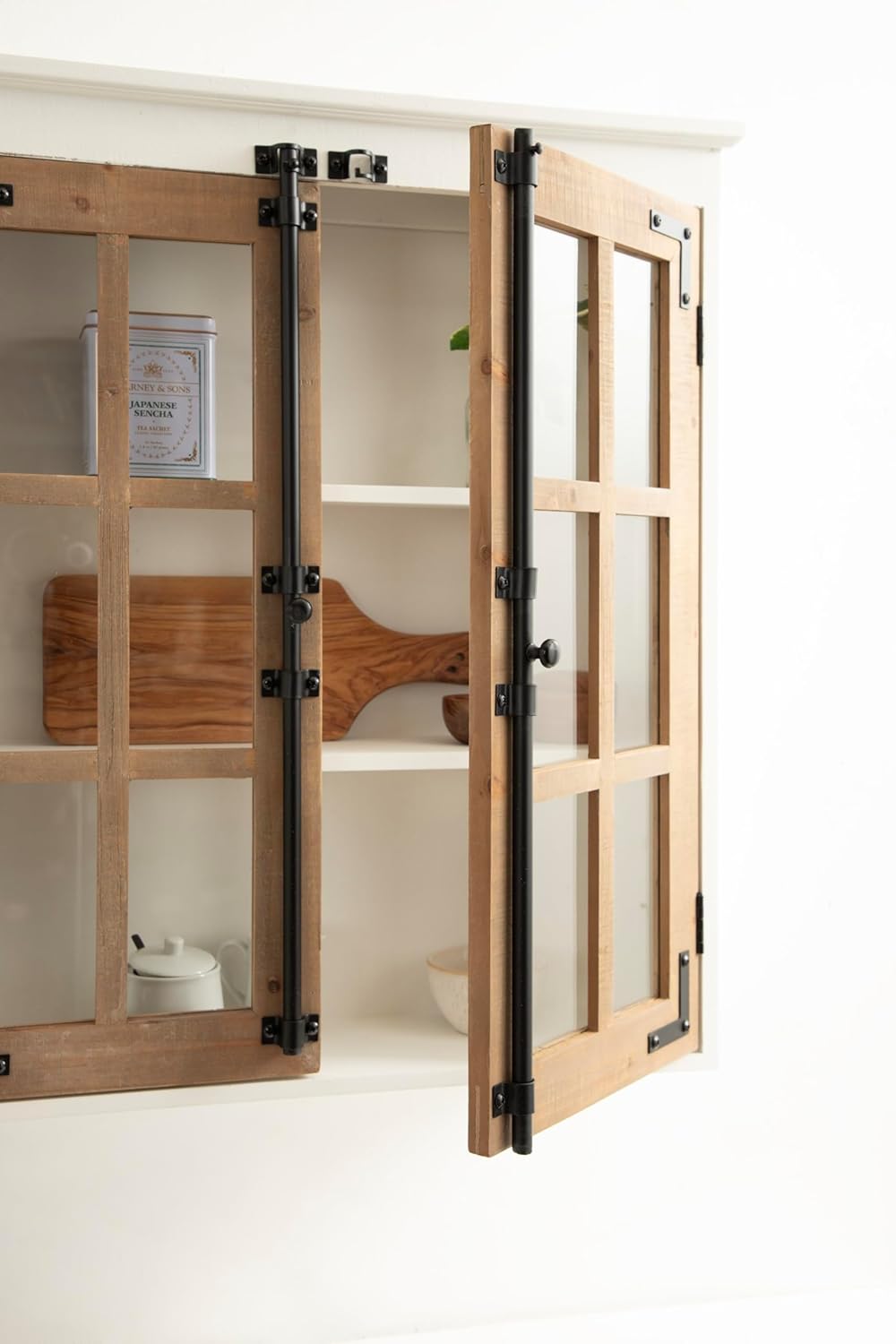 Kate and Laurel Hutchins Farmhouse Tall Wooden Wall Cabinet, 24 x 7 x 28, Rustic Brown and White, Vintage Cabinet with Glass Doors for Pantry or Over-The-Toilet Storage