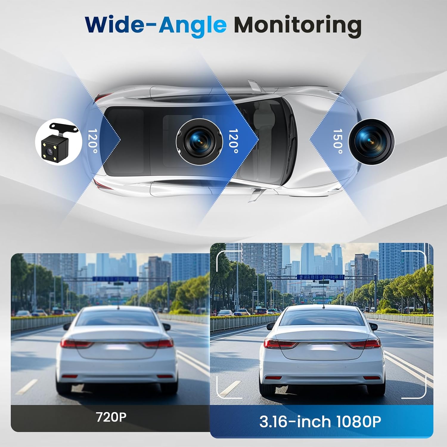 3.16-inch 1080P Dash Cam Front and Rear Inside Left/Right, 4 Channel Dash Camera for Cars, IR Lamp Night Vision Loop Recording Motion Detection Reversing Assistant Exposure Compensation+ 64GB SD Card