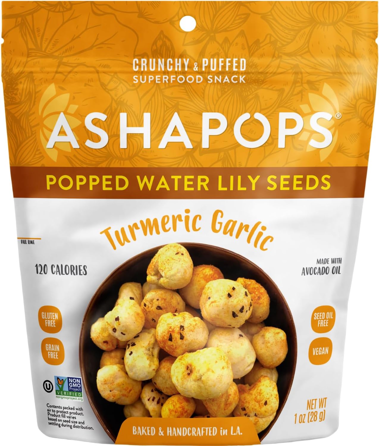 AshaPops Turmeric Popped Water Lily Seeds - Handcrafted | Gluten Free | Vegan | Paleo | Kosher OU | Nut Free | Soy Free | Non-GMO | 1 oz | (Pack of 6 Bags)