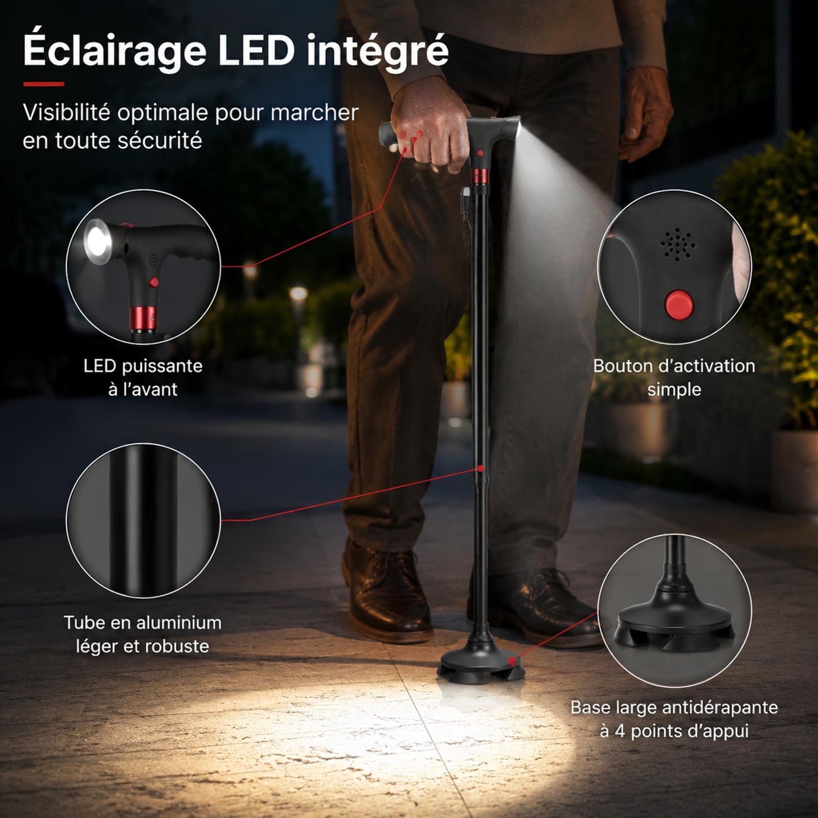 Astuvita Canne de Soutien avec Éclairage LED et Alarme de Sécurité - Canne de Marche Ergonomique et Lumineuse - Poignée Astuvita Confort - Aide à la Mobilité pour Senior - Pliable et Stable