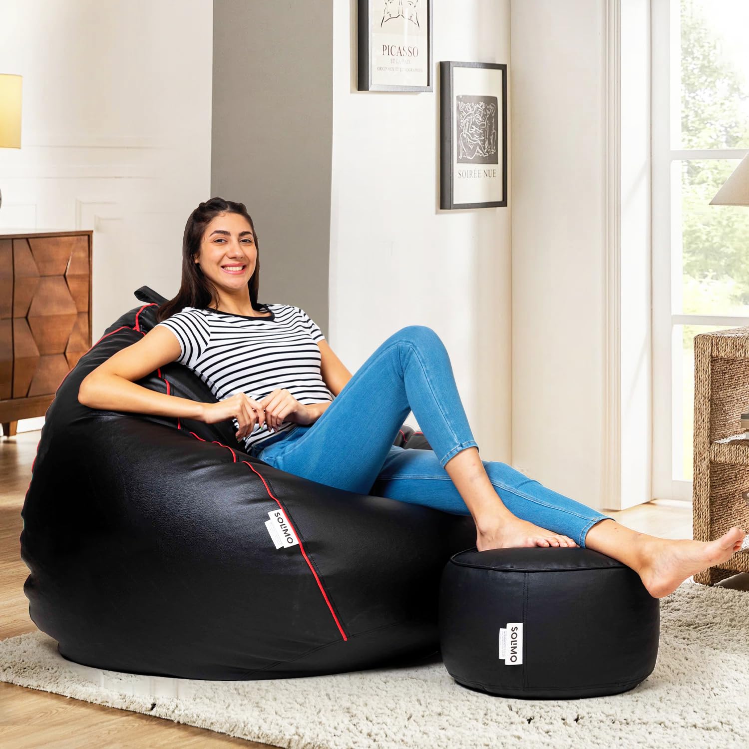 Amazon Brand - Solimo 6XL Faux Leather Bean Bag with Footstool & Cushion Combo for Living Room | Bean Bag Filled with Beans | Capacity Up to 6'9" Height & 135 Kg Weight | (Black with Pink Piping)-picture-24