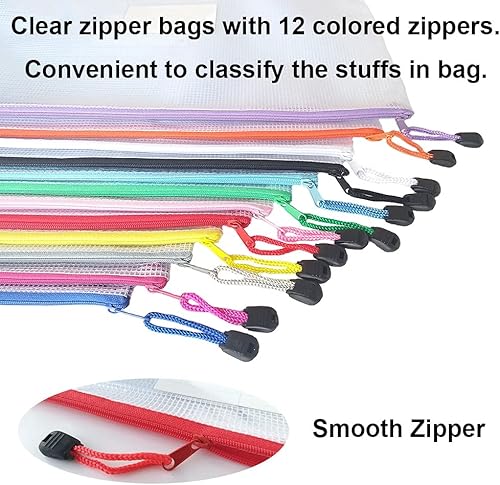 Miniatura 4 de AUSTARK Bolsa de malla de plástico con cremallera, 12 bolsas de archivos con cremallera con bolsillo para etiquetas, bolsas de almacenamiento de