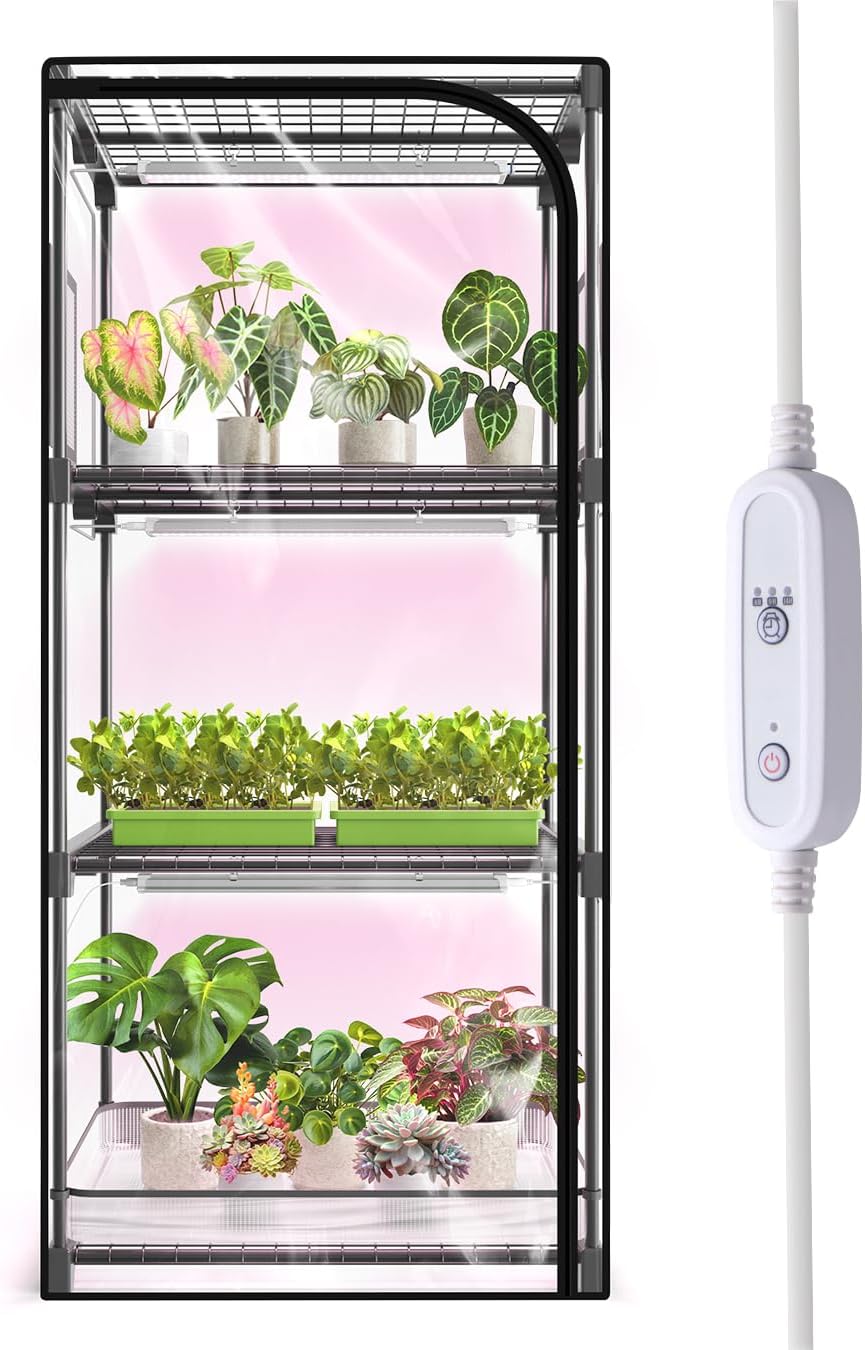 Indoor Greenhouse with Grow Light, 4-Tier Plant Stand with Zippered PVC Tent, Ventilation Window, Bottom Pouch, 20W Full Spectrum Plant Light with Timer for Seed Starting, 27"L x 19"W x 59"H