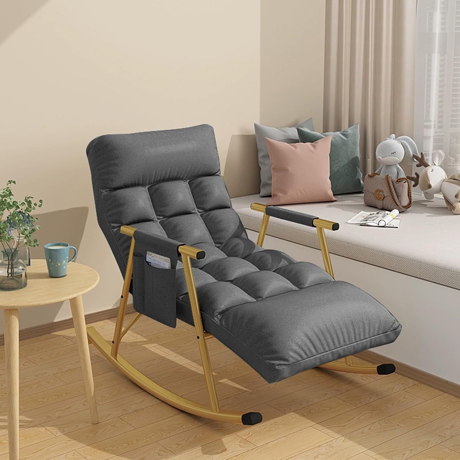 Modern Patio Rocking Chair with Cushion, Comfortable Indoor/Outdoor Sofa Lounger, Stylish Garden Lounge Chair with Armrests, Breathable Bedroom Rocker - Black & Gold Legs