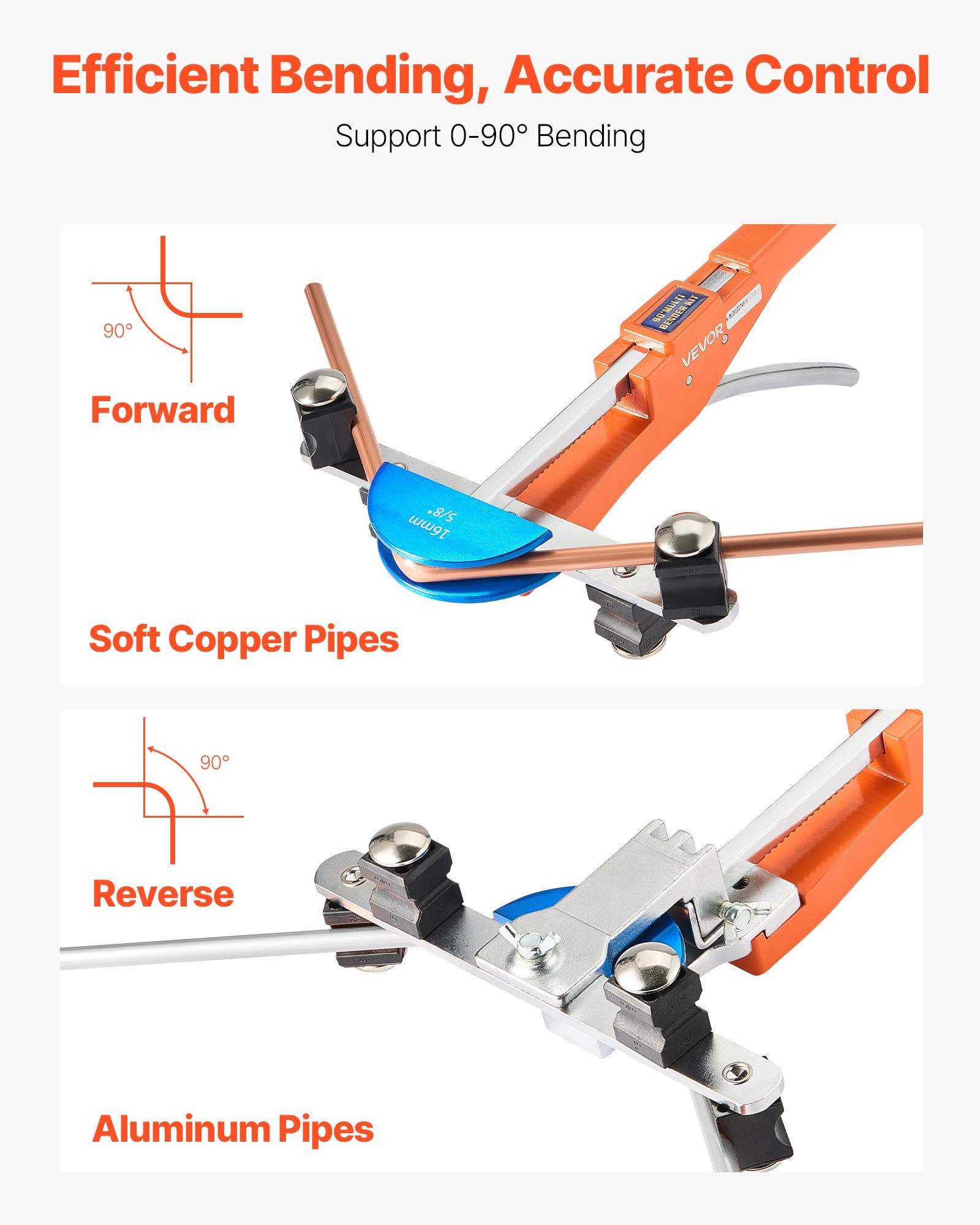 VEVOR Kit Piegatubi Manuale Pinza Compatto a Cricchetto Utensile per Piegatura Manuale Avanti/Indietro con Matrici in Lega di Alluminio per Tubi in Rame Alluminio Angolo di Piegatura max. 90°