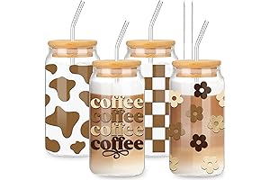 Whaline Beautiful Boho Glass Cups with Lids and Reusable Straws Daisy Flower...