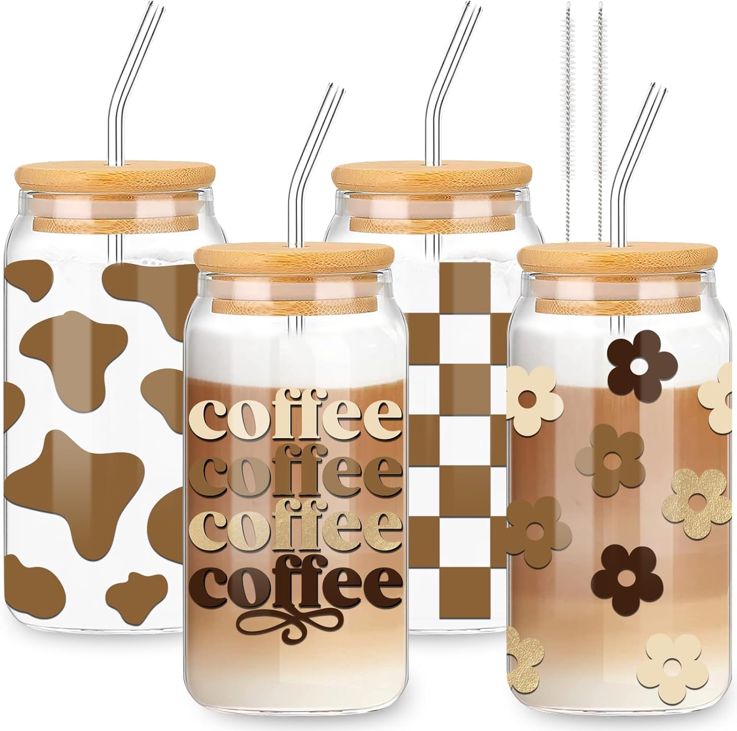 Whaline 4 Pack Boho Drinking Glasses 16oz Daisy Flower Checkered Cow Print Glasses Cup with Bamboo Lids Glass Straw Cleaning Brushes Boho Ice Coffee Cup for Cocktails Whiskey Beer Soda Gifts