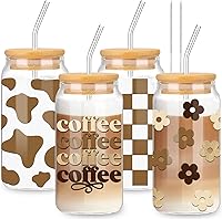 Vista 1 de Whaline Paquete de 4 vasos bohemios de 16 onzas con estampado de vaca, margaritas y flores a cuadros, con tapas de bambú, cepillos de limpieza