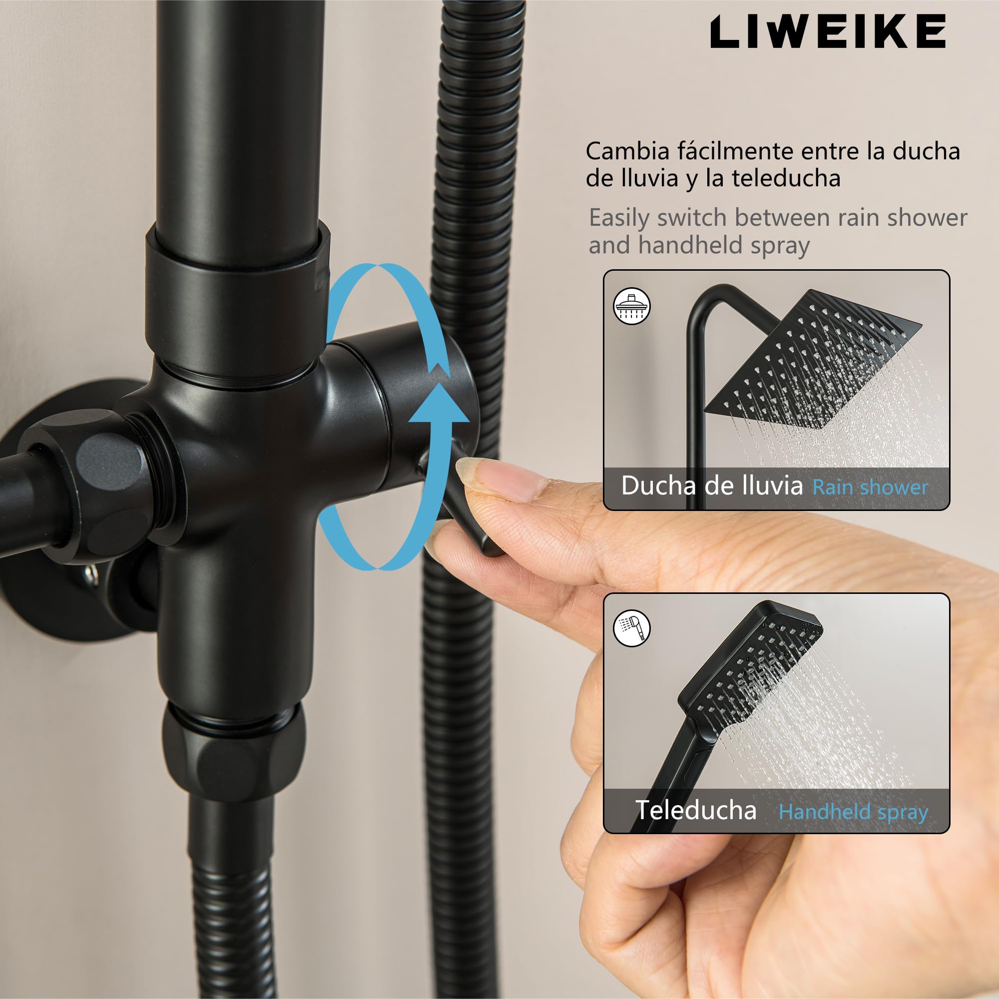 LIWEIKE Columna Ducha Negra, Columna Ducha sin Grifo Con Rociador de Lluvia de acero Inoxidable de 8 Pulgadas, Columna Ducha con 3 Modos de Pulverización, Negro Mate