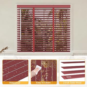 2 Slats Wooden Cordless Horizontal Blinds, Window Blind & Shades for Indoor Windows, Blackout Wooden Horizontal Window Shades for Bedroom, Kitchen, Living Room, Office