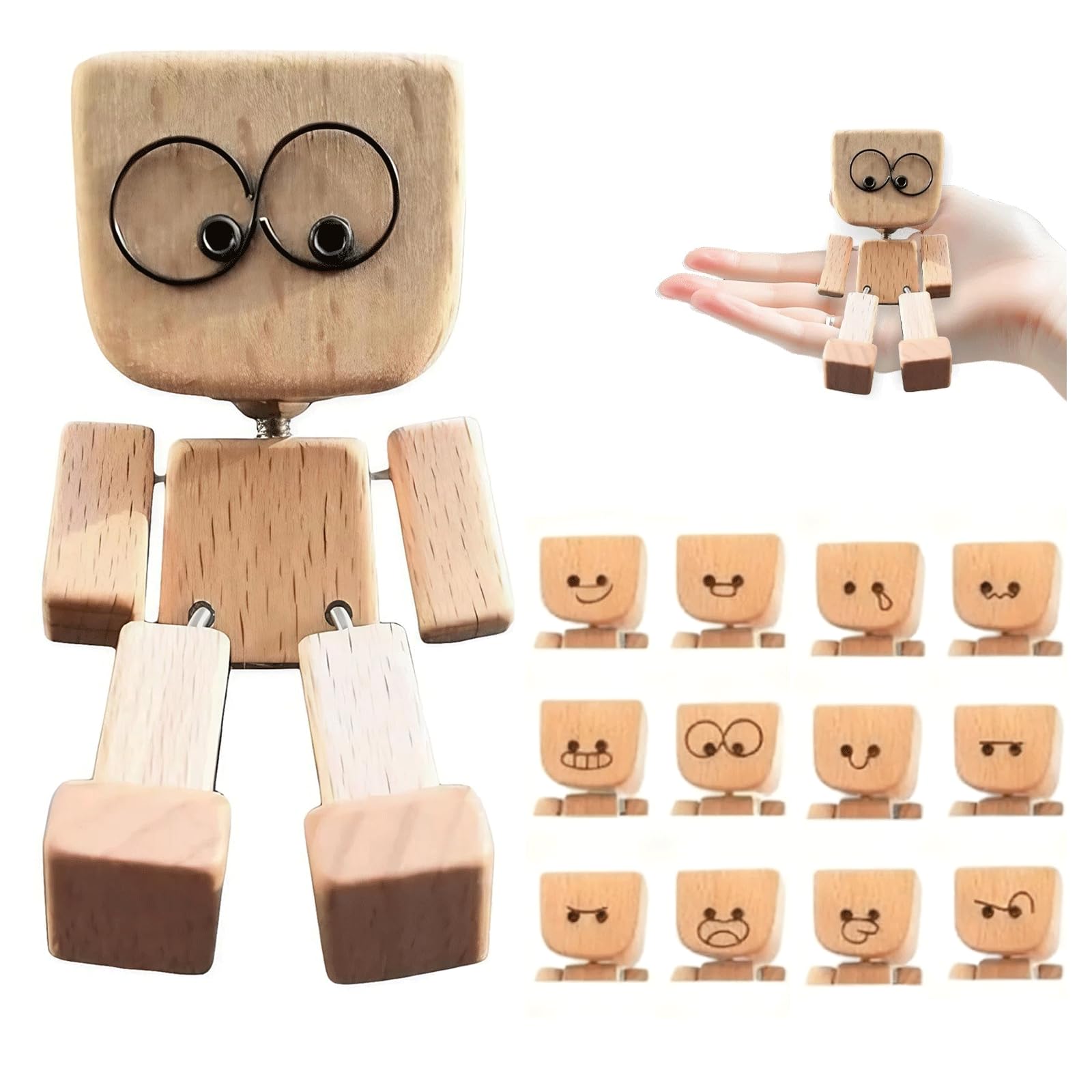 moyiw Handmade Shaking Wooden Man Figurine with 12 Magnetic Expressions - Wobbly Leg Car Dashboard Ornament & Swaying Desktop Decor - Funny Bobblehead Gift for Car & Office