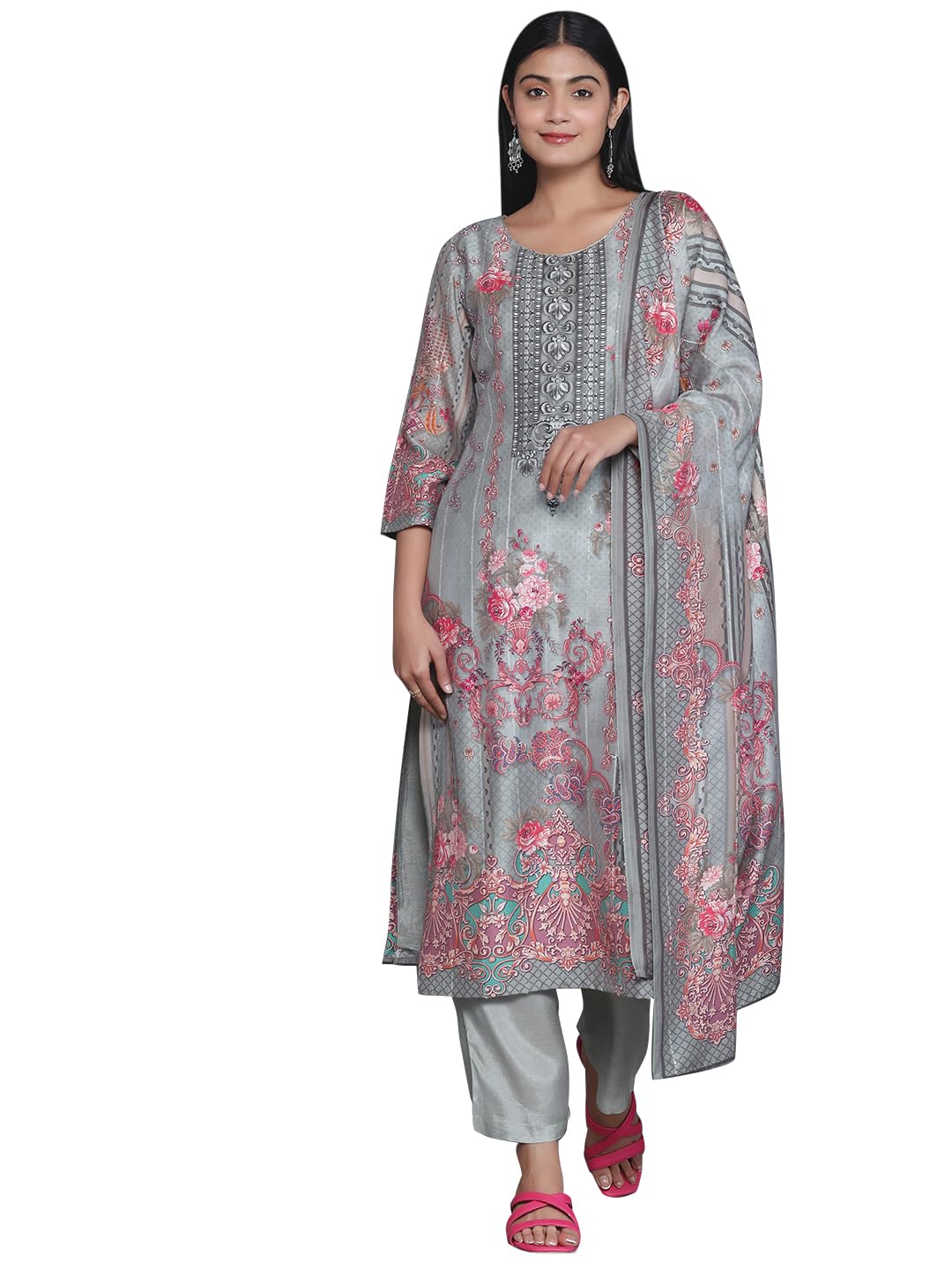 Libas Womens Printed Silk Blend Pakistani Kurta With Trousers and Dupatta - Authentic Libas Clothing | UrbanThreads