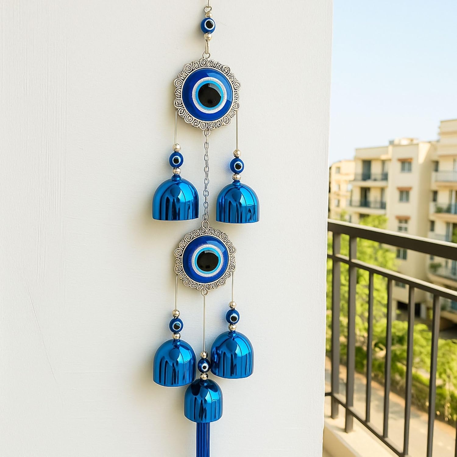 Dual Evil Eye Wind Chime with 5 Bells and Hanging Chain for Balcony and mai | 2 Big Eye Design, Door & Balcony Use, Melody Sound, decorative Hanging-image-49