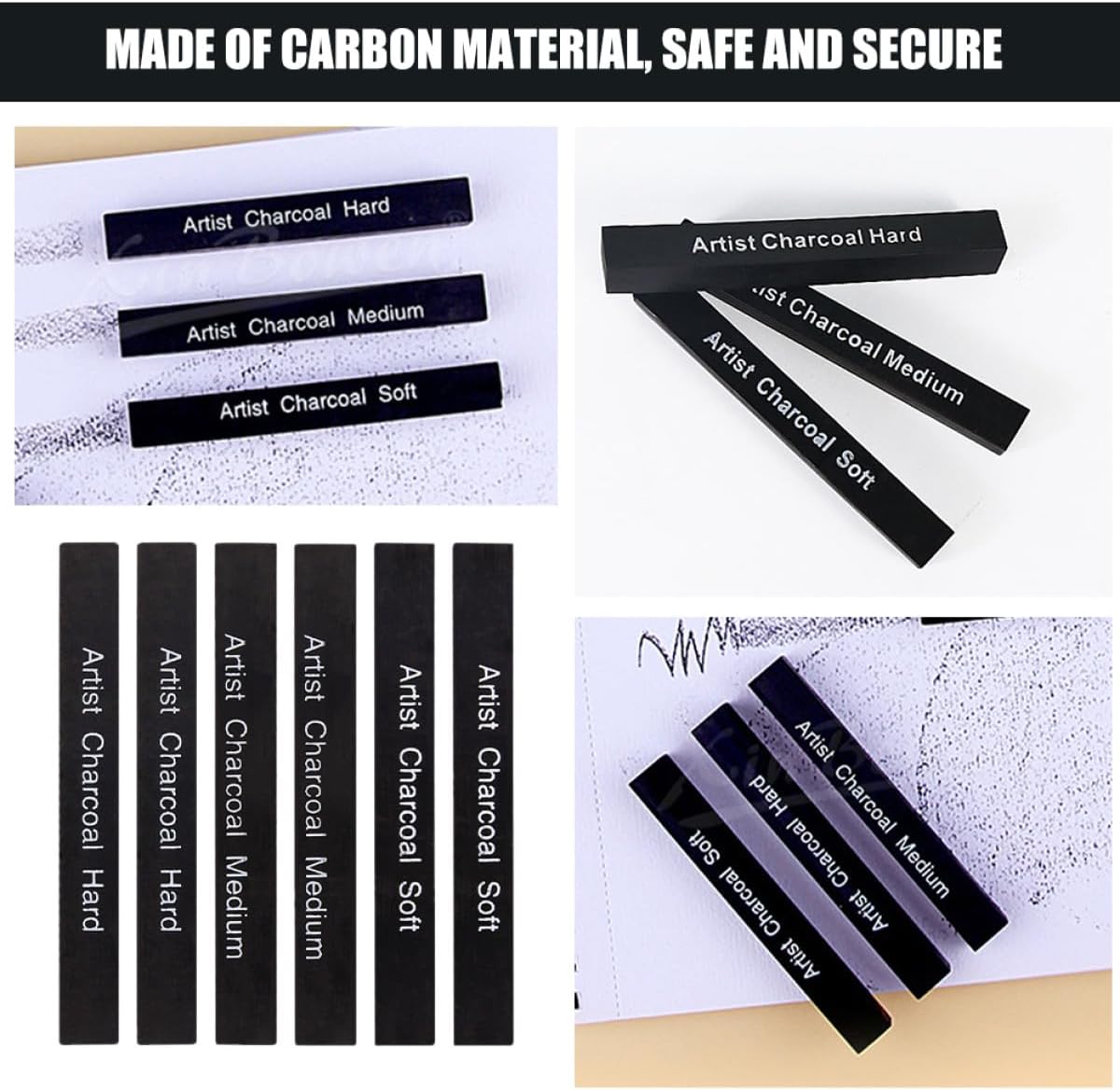 6pcs Compressed Charcoal Drawing Sticks for Students and Hobbyists, Soft Medium Hard Carbon Charcoal Pencils for Sketching and Shading Art Supplies