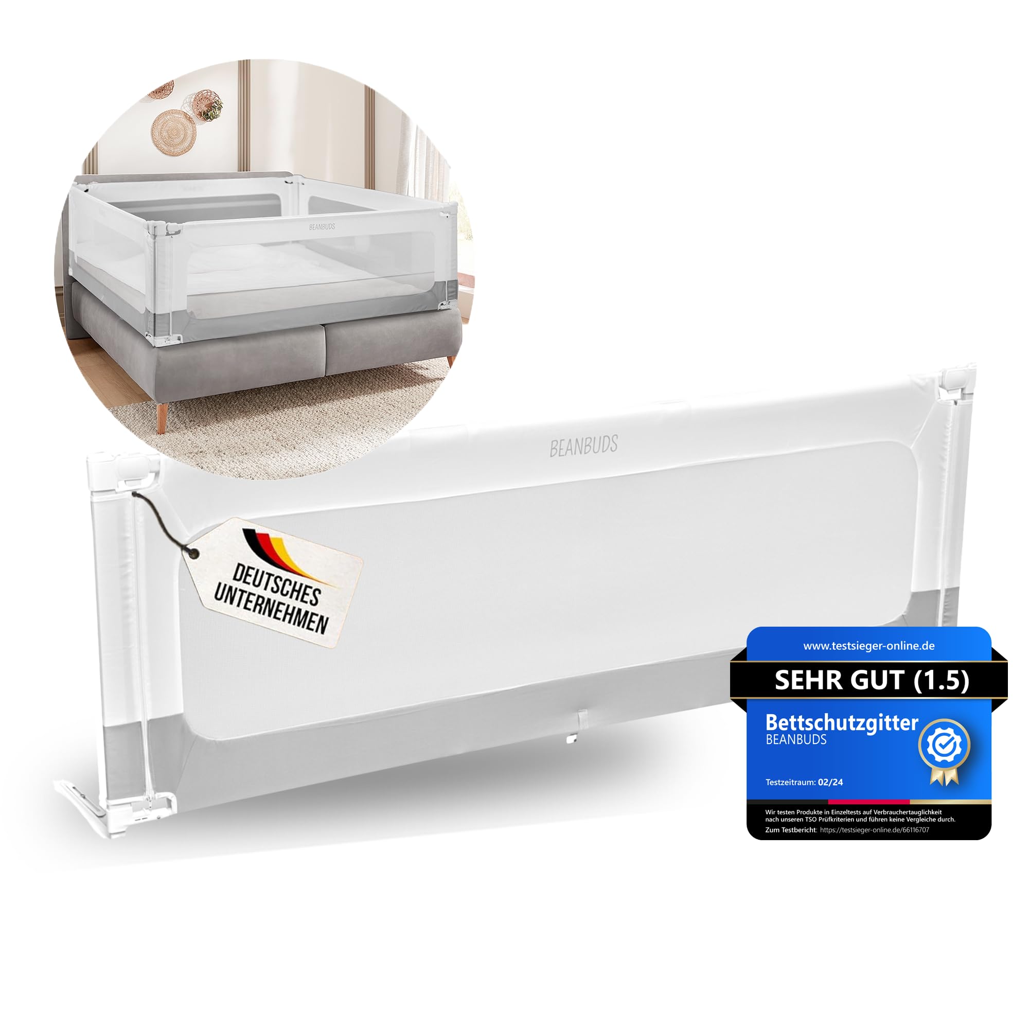 BEANBUDS® Bettgitter Rausfallschutz 200cm [1 Seite], Grau | Bettschutzgitter Lattenrost & Boxspringbett, Baby Gitterschutz Elternbett & Kinderbett, inkl. extra Gurt, Bett Fallschutz