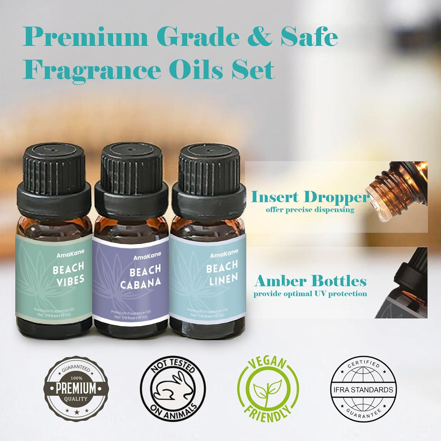 AmaKane Beach Fragrance Oil Set, Summer Essential Oils for Diffuser for Home, Candle Soap Making Scents, Beach Vibes, Sunset Glow, Linen, Salty Sea, Sandy Stroll, Beach Cabana, 6x10ml - Image 6