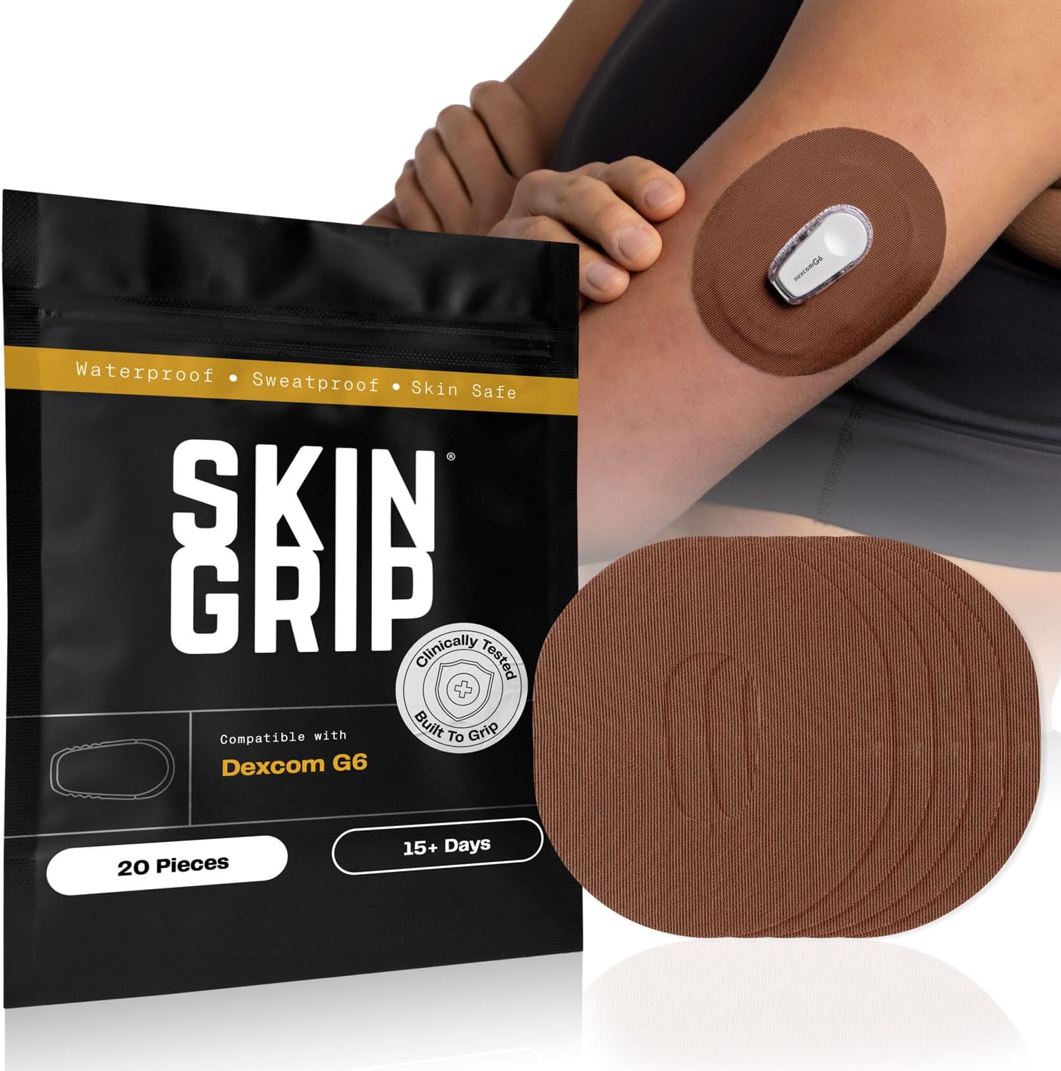 Skin Grip Adhesive Patch Compatible with Dexcom G6 Adhesive Patches Waterproof & Sweatproof with Cutout, Lasts 10-14 Days, Continuous Glucose Monitor Patch, CGM Sensor Cover โ 20 Pack, Chocolate