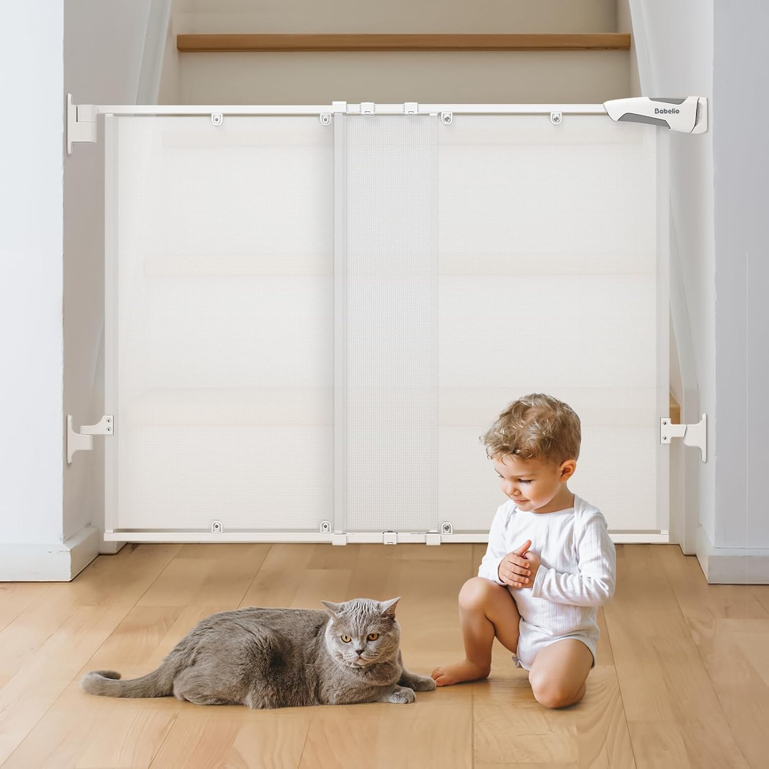 Babelio 26-43" No Bottom Bar Baby Gate for Stairs, Mesh Dog Gate with Large Walk Thru Door, One-Handed Open, Auto-Closing, 2-in-1 Hardware Mount Safety Pet Gate for Doorways and Hallways, White White 26-43 Inch
