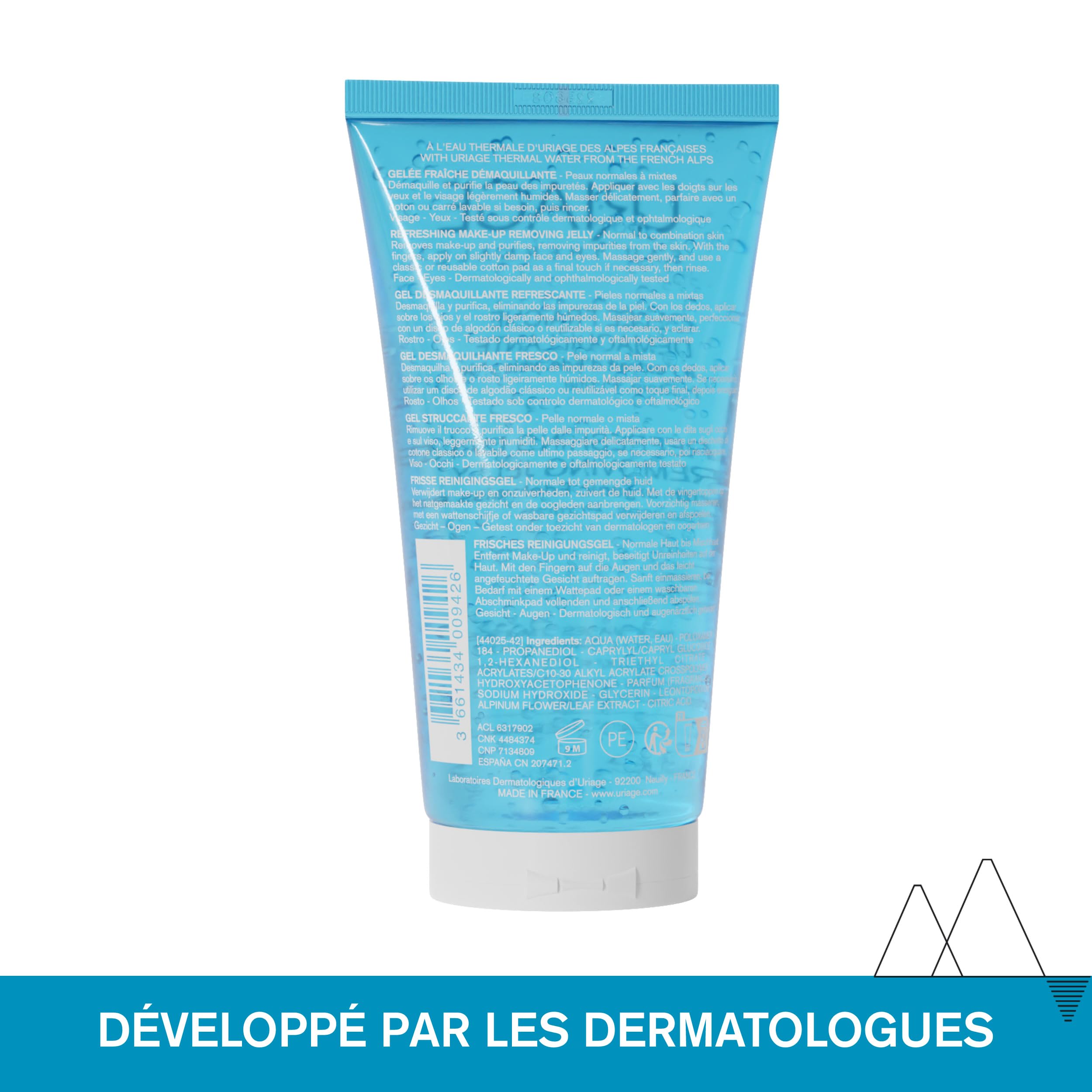Uriage Gelée Démaquillante Rafraîchissante - Edelweiss Bio, Glycérine - Visage, Yeux - Nettoie, Rafraîchit - Hydrate, Apaise - pH Physiologique - 94% d’Ingrédients d’Origine Naturelle - 150ml