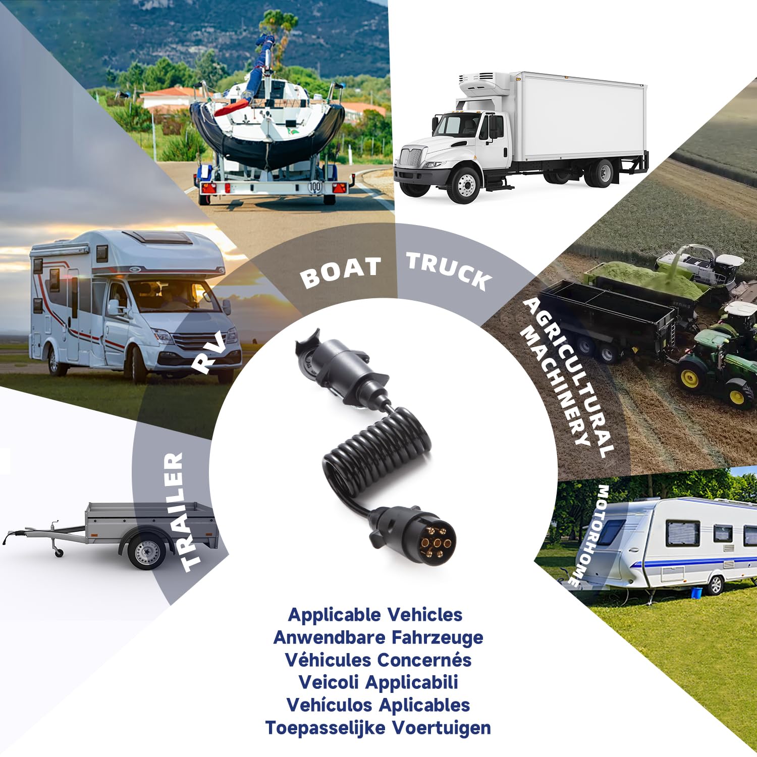 1,7 Mètres Rallonge Spirale Câble Remorque 7 Broches, Norme ISO 1724, Prise Remorque 7 Broches Male a Femelle, Câble Cuivre Pur, pour Véhicules Européens Remorque Yacht Porte-Vélos 12V/24V