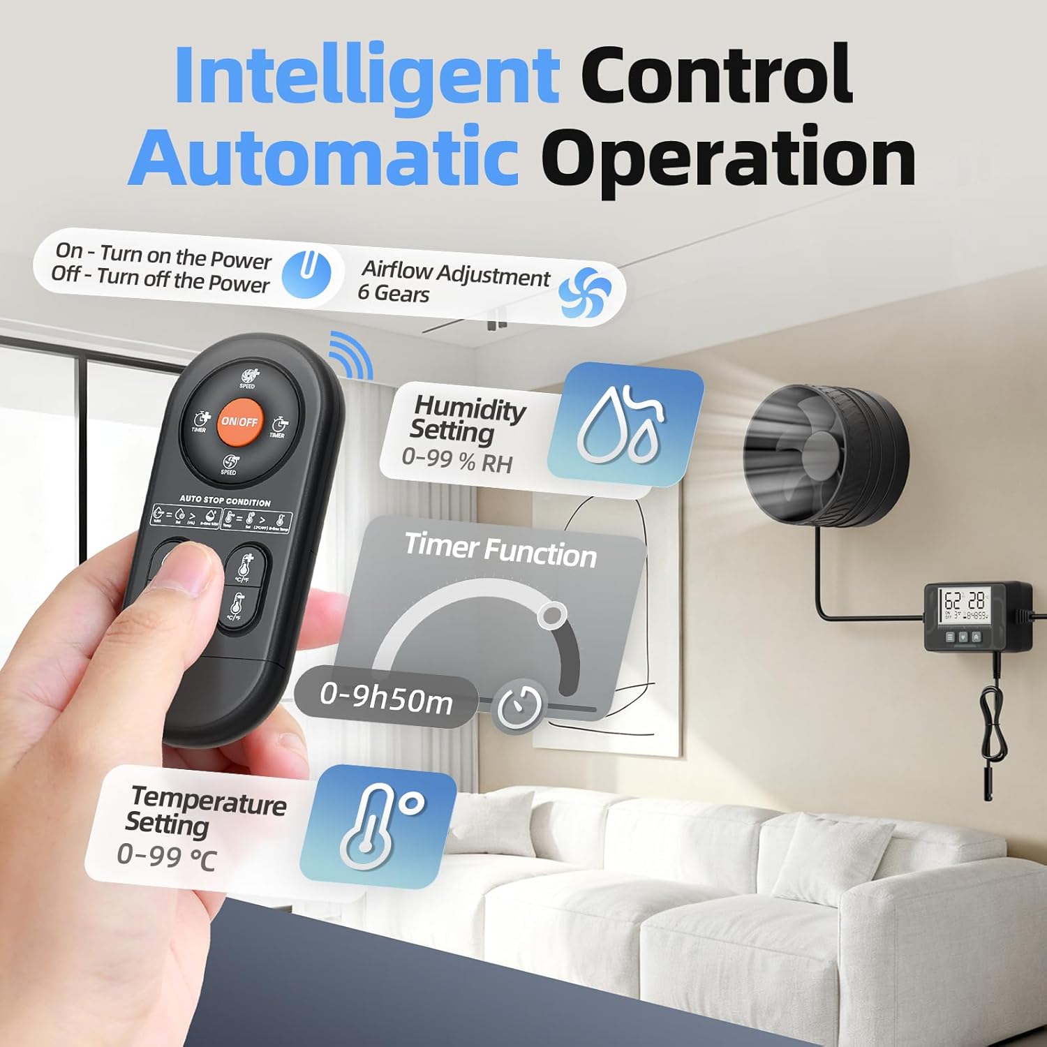 4 Inch Inline Duct Fan with Humidity Sensor and Remote, Upgraded 6-Speed Control with Timer Humidity & Temperature, Low Noise HVAC Ventilation Fan in Basement Bathroom Workshop Attic