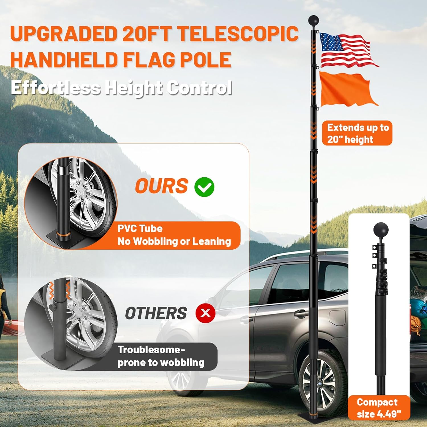 20FT Tailgate Flag Pole with Tire Mount Base, Portable Flag Pole with US Flag Suitable for Tailgate Parties, RV Telescoping Flag Pole Kit for Camping and Outdoor Activitie